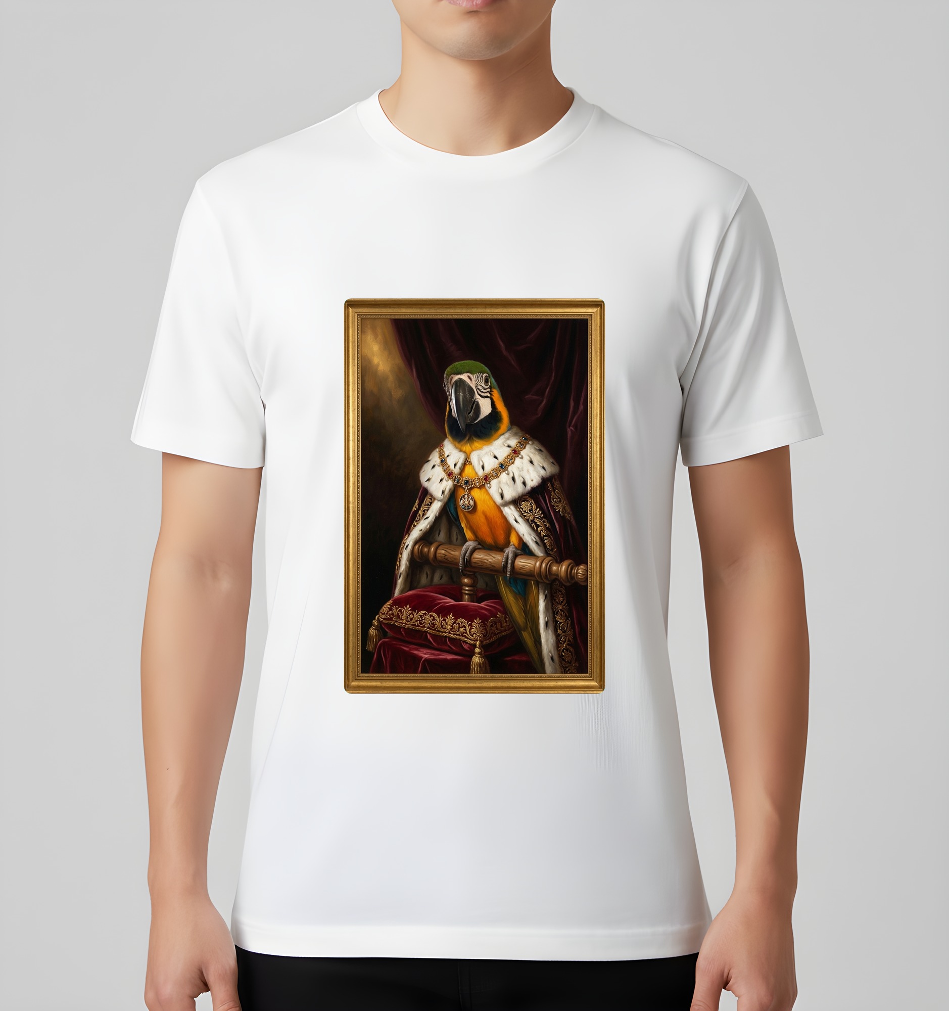 ルリコンゴウインコのルネサンス肖像画Tシャツ（ホワイト・カラープリント・額縁なし）（3枚目）