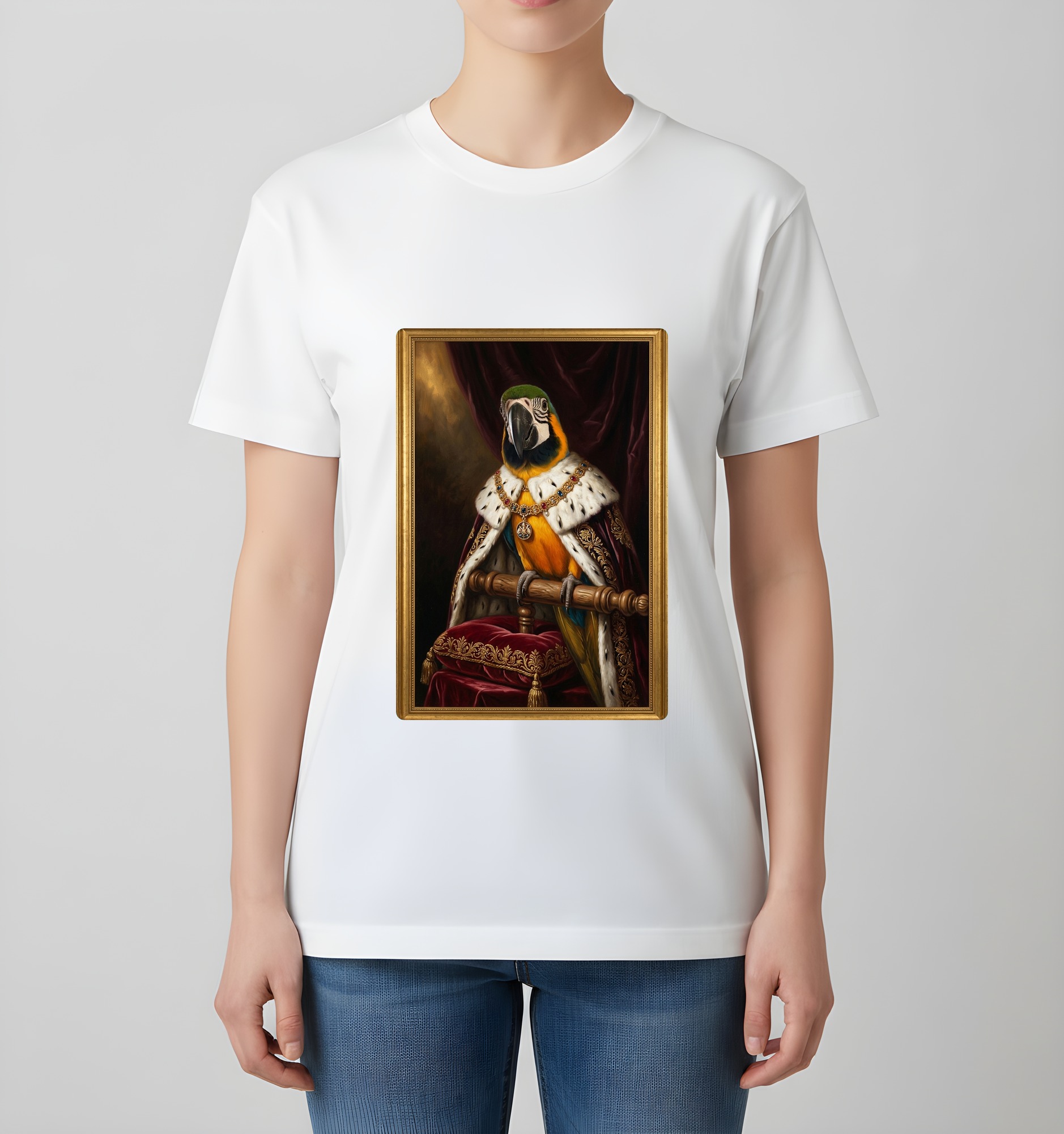 ルリコンゴウインコのルネサンス肖像画Tシャツ（ホワイト・カラープリント・額縁なし）（4枚目）
