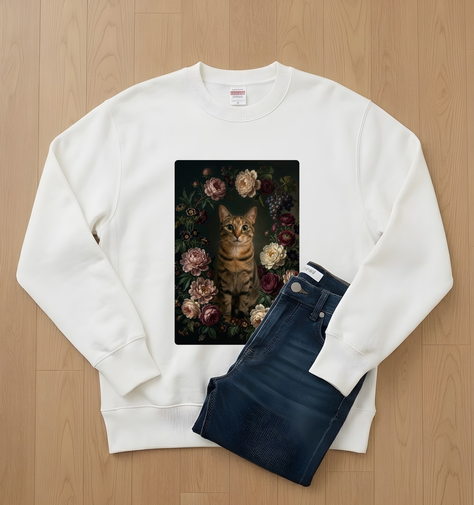 猫の花の油絵風アート花柄トレーナー（ホワイト）（2枚目）