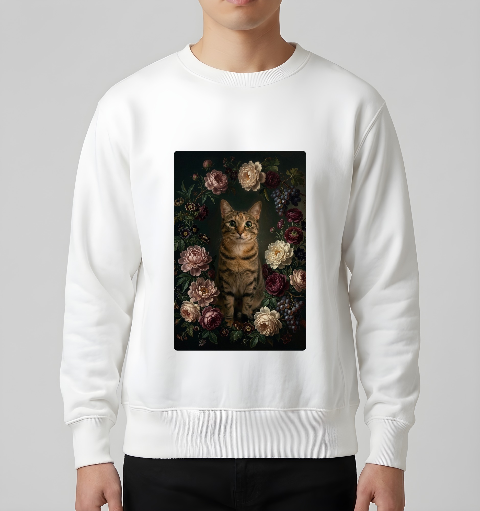 猫の花の油絵風アート花柄トレーナー（ホワイト）（3枚目）