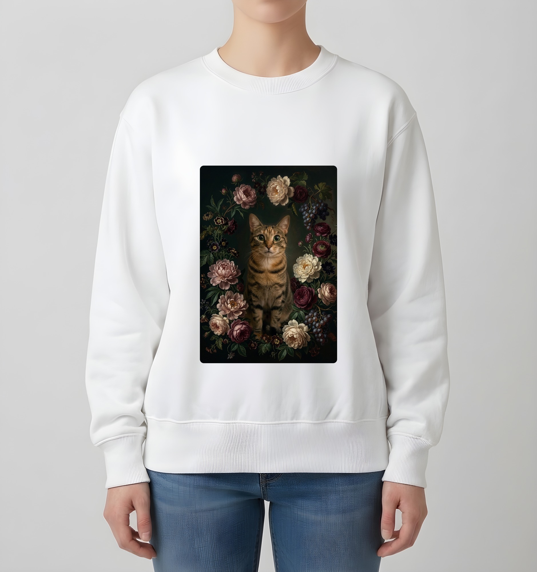 猫の花の油絵風アート花柄トレーナー（ホワイト）（4枚目）