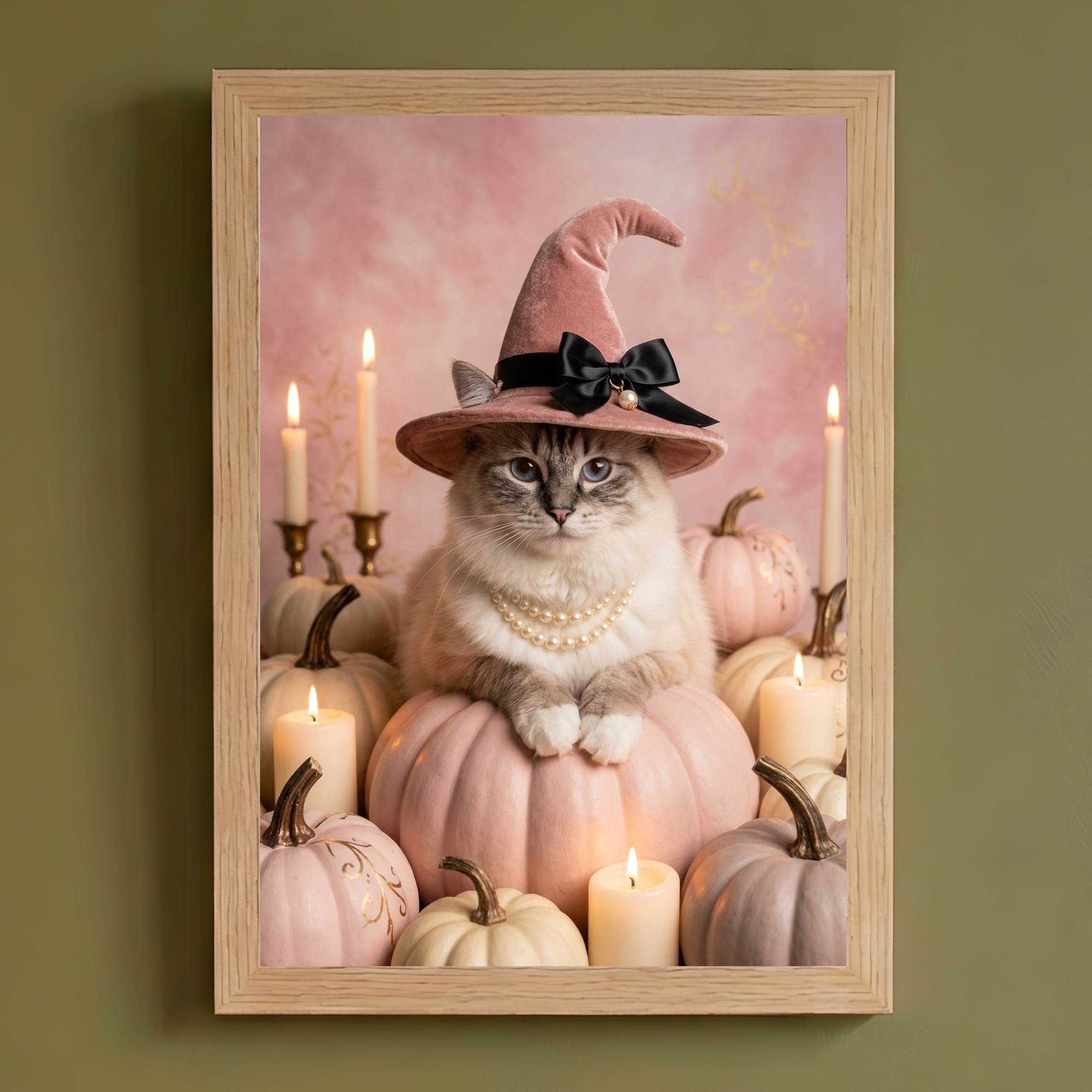 ラグドールのかぼちゃとキャンドルの油絵風アートハロウィン額装プリント(A4サイズ)