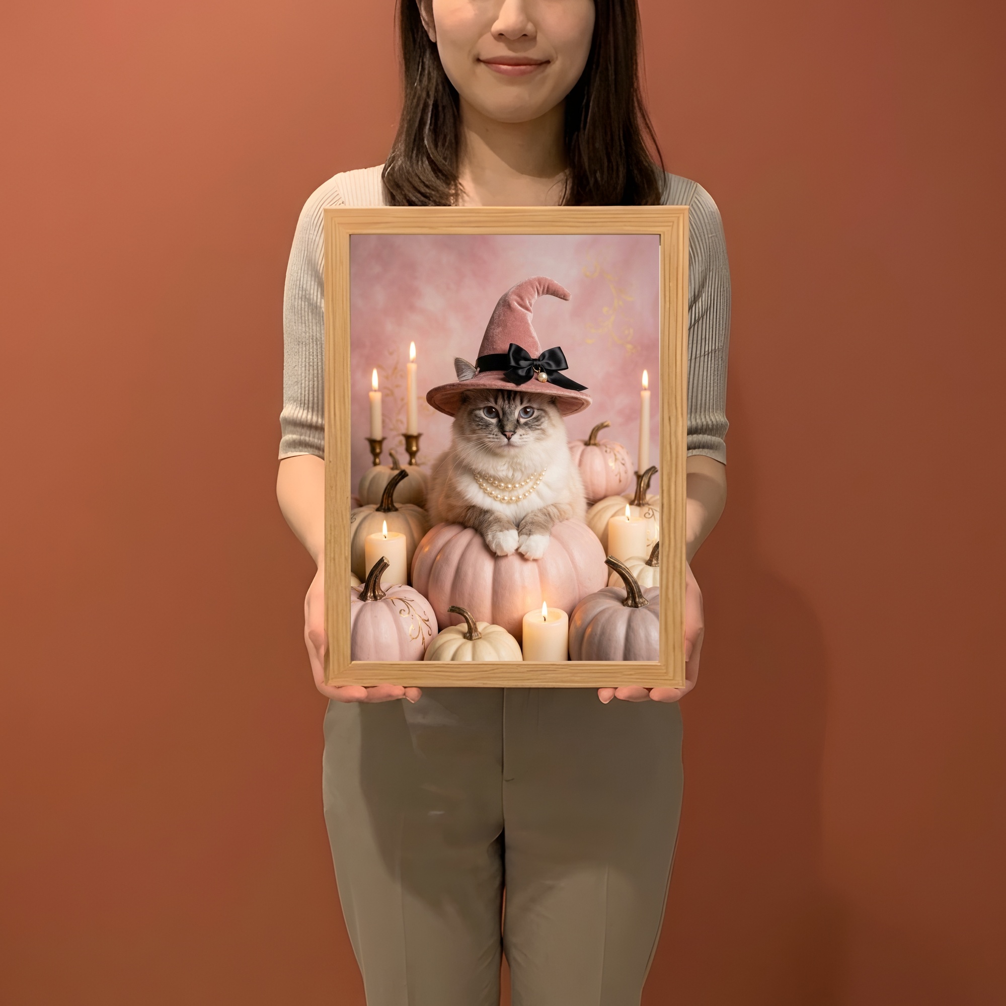 ラグドールのかぼちゃとキャンドルの油絵風アートハロウィン額装プリント(A4サイズ)(2枚目)