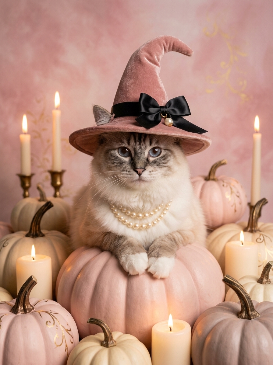 ラグドールのかぼちゃとキャンドルの油絵風アートハロウィン額装プリント(A4サイズ)(4枚目)