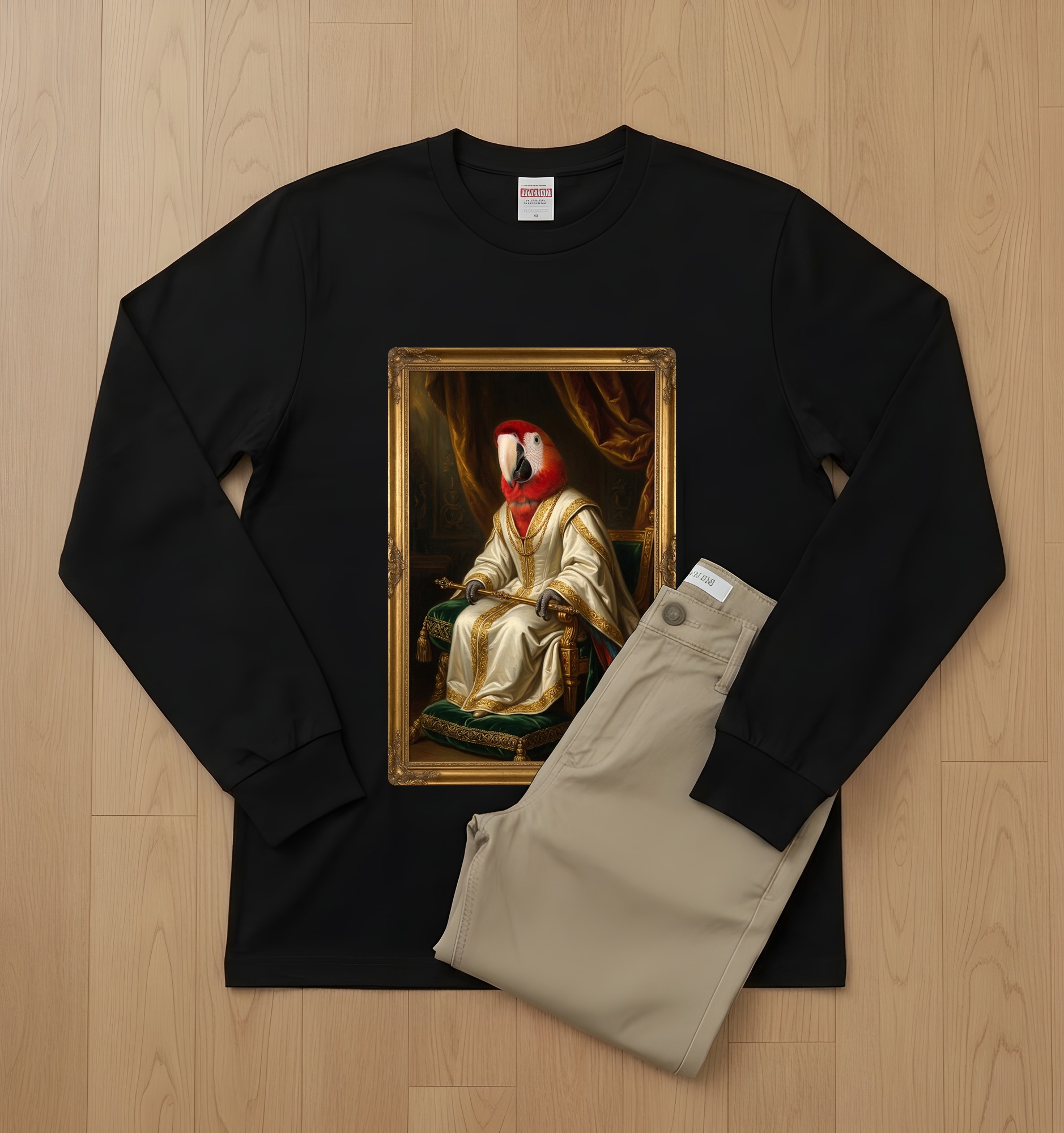 コンゴウインコのルネサンス肖像画長袖Tシャツ（ブラック）（2枚目）