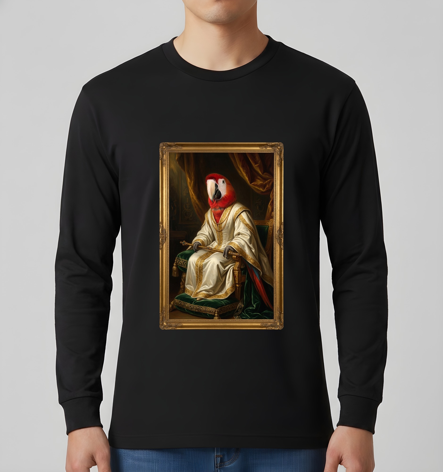 コンゴウインコのルネサンス肖像画長袖Tシャツ（ブラック）（3枚目）