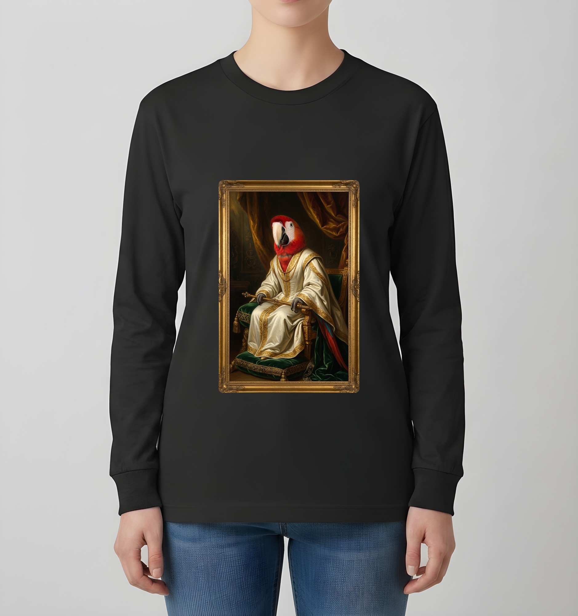 コンゴウインコのルネサンス肖像画長袖Tシャツ（ブラック）（4枚目）