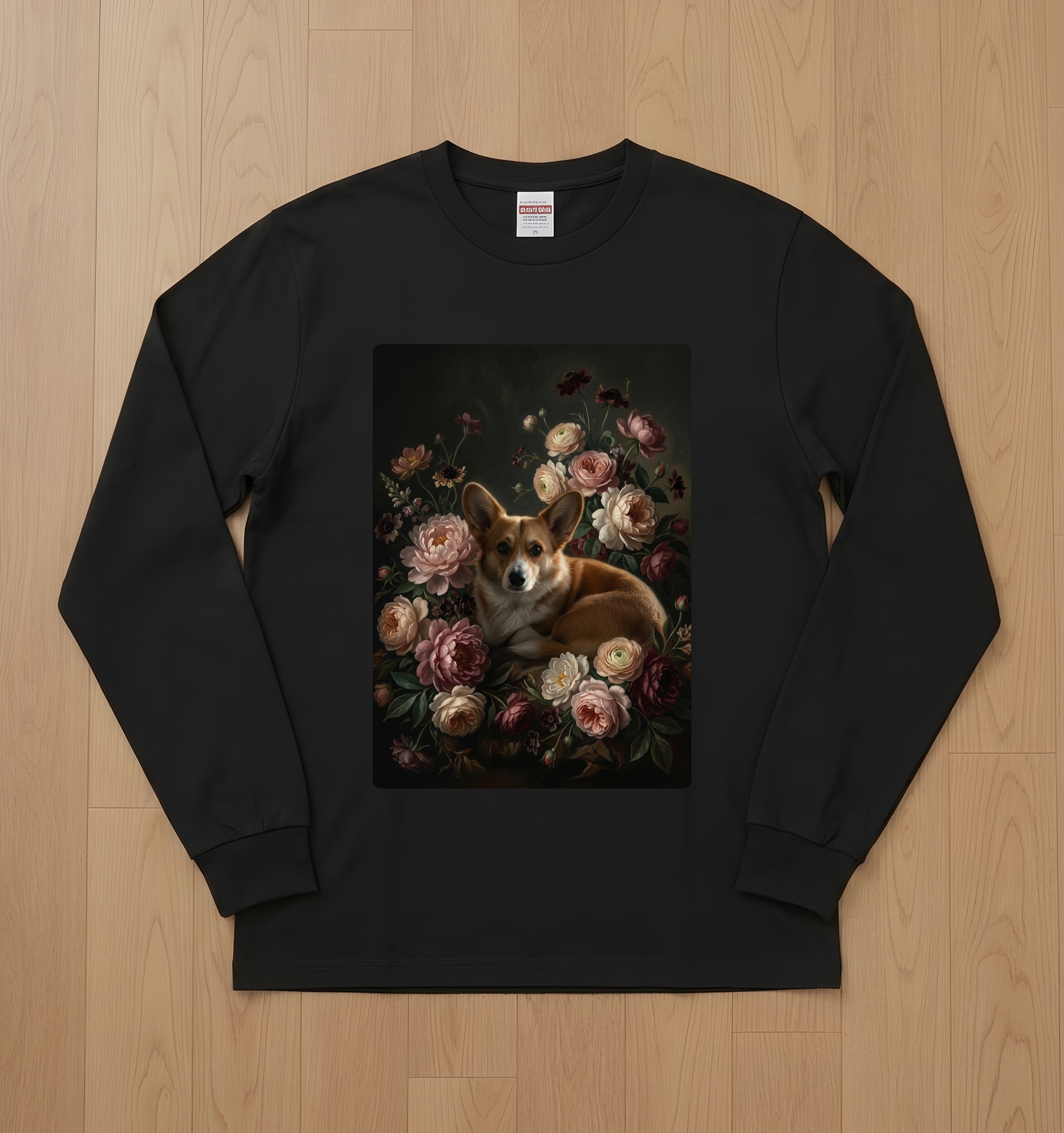 コーギーの花の油絵風アート花柄長袖Tシャツ(ブラック)