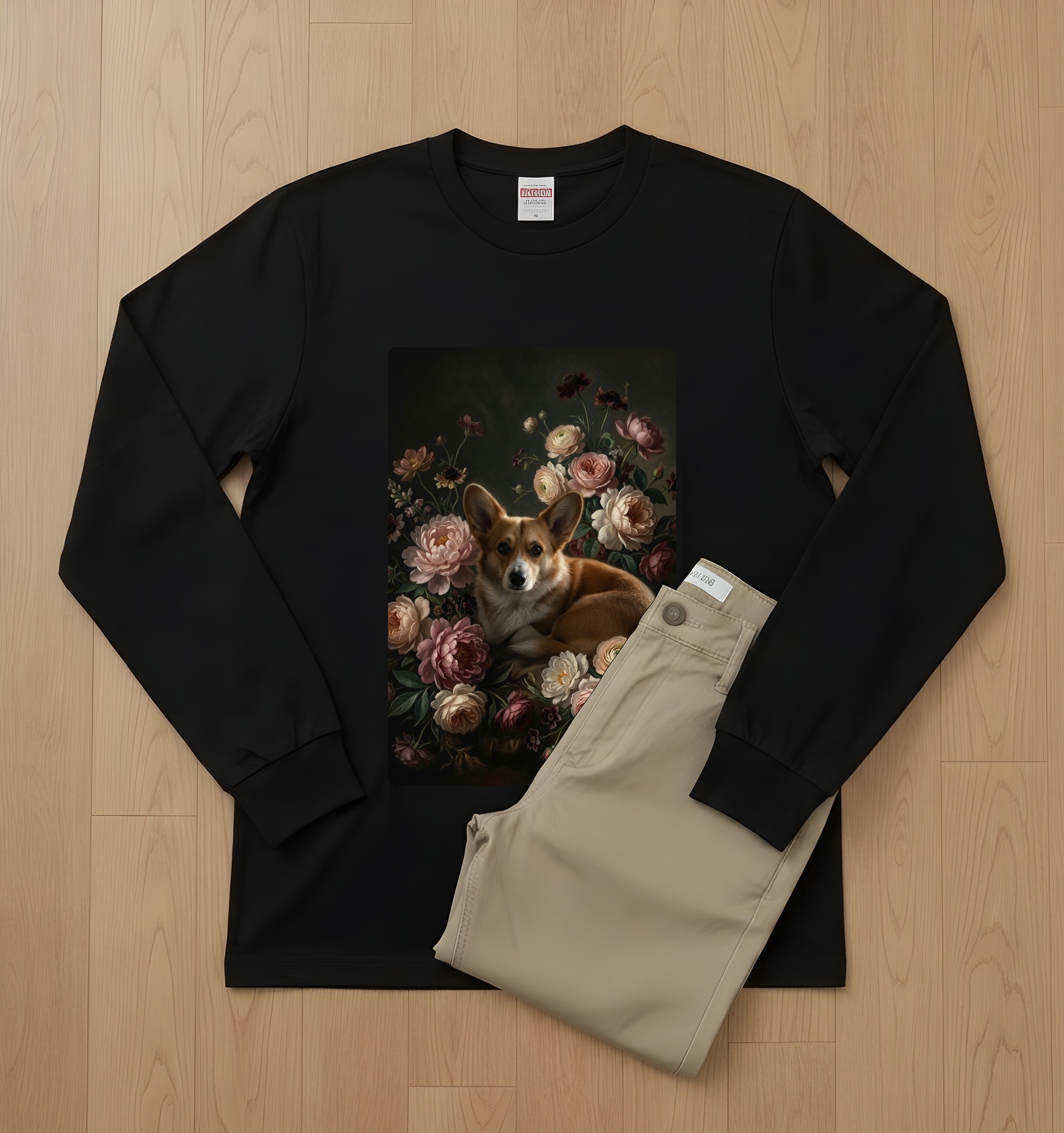 コーギーの花の油絵風アート花柄長袖Tシャツ(ブラック)(2枚目)