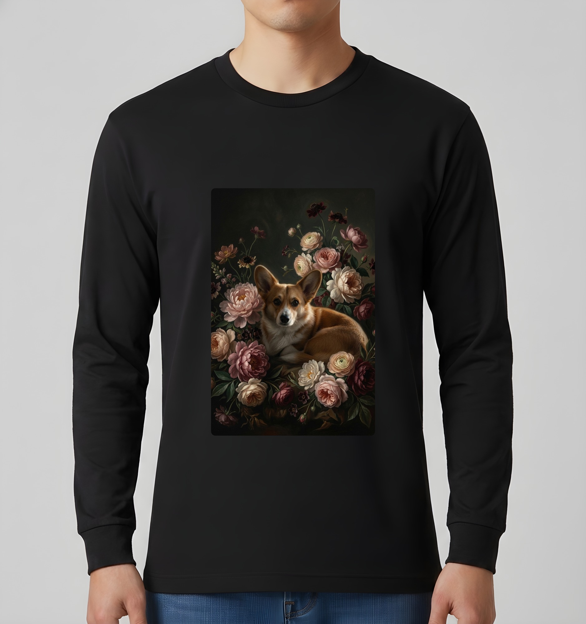 コーギーの花の油絵風アート花柄長袖Tシャツ(ブラック)(3枚目)