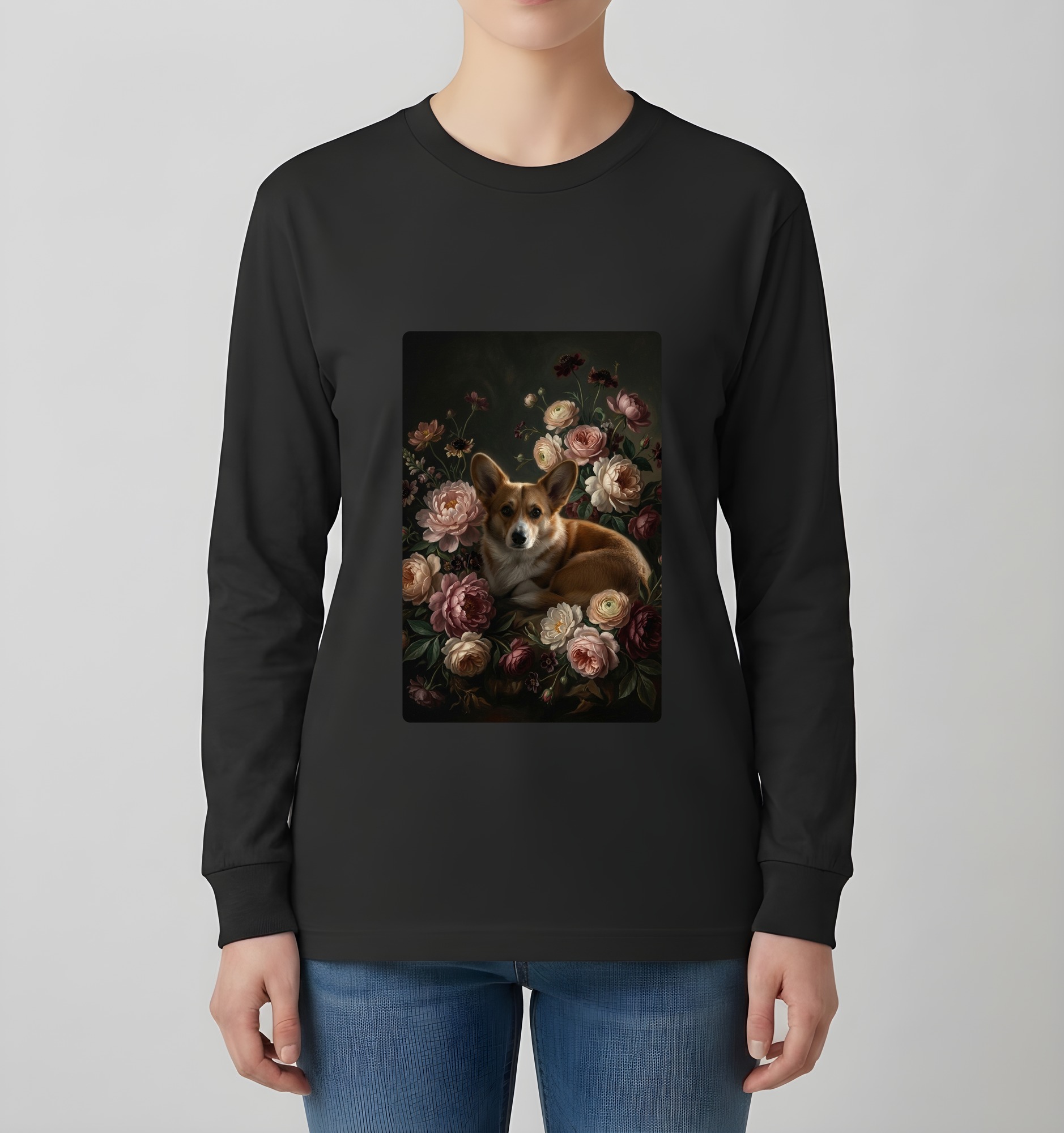 コーギーの花の油絵風アート花柄長袖Tシャツ(ブラック)(4枚目)