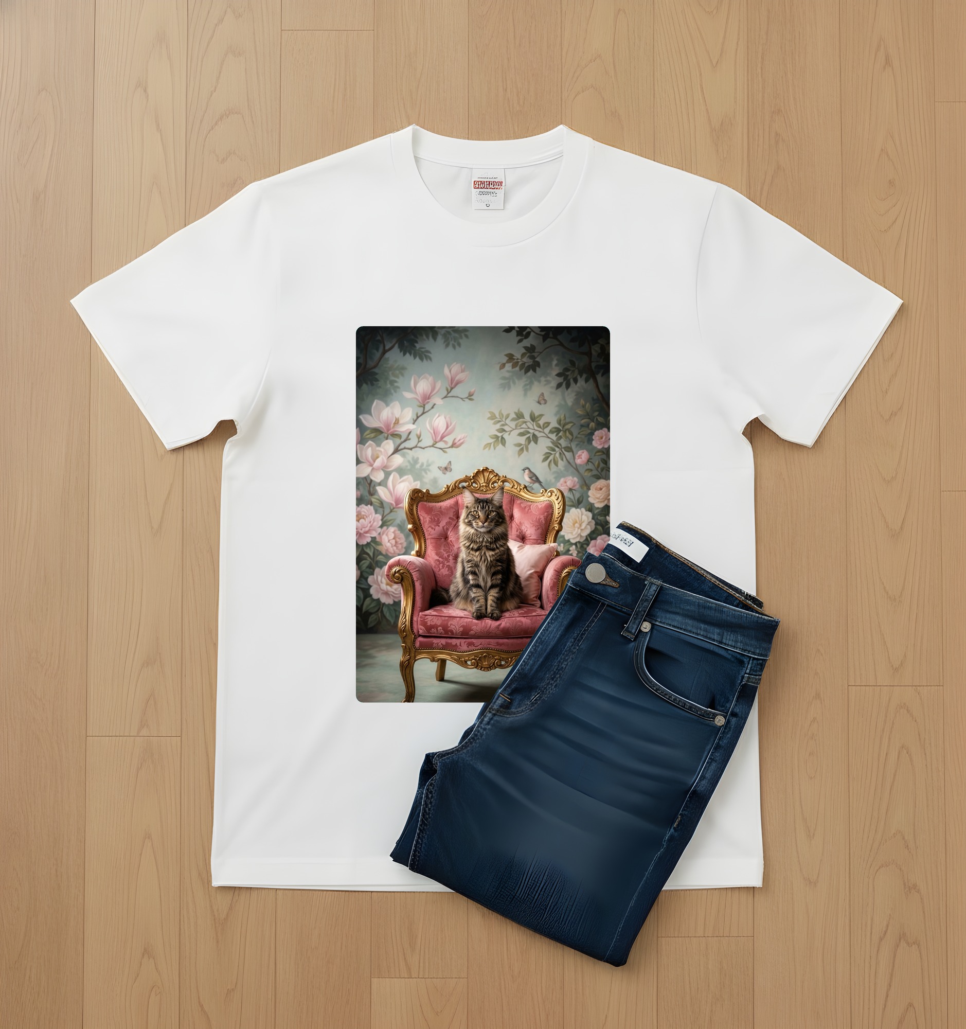 メインクーンのシャビーピンクの油絵風アートロココ調Tシャツ（ホワイト）（2枚目）