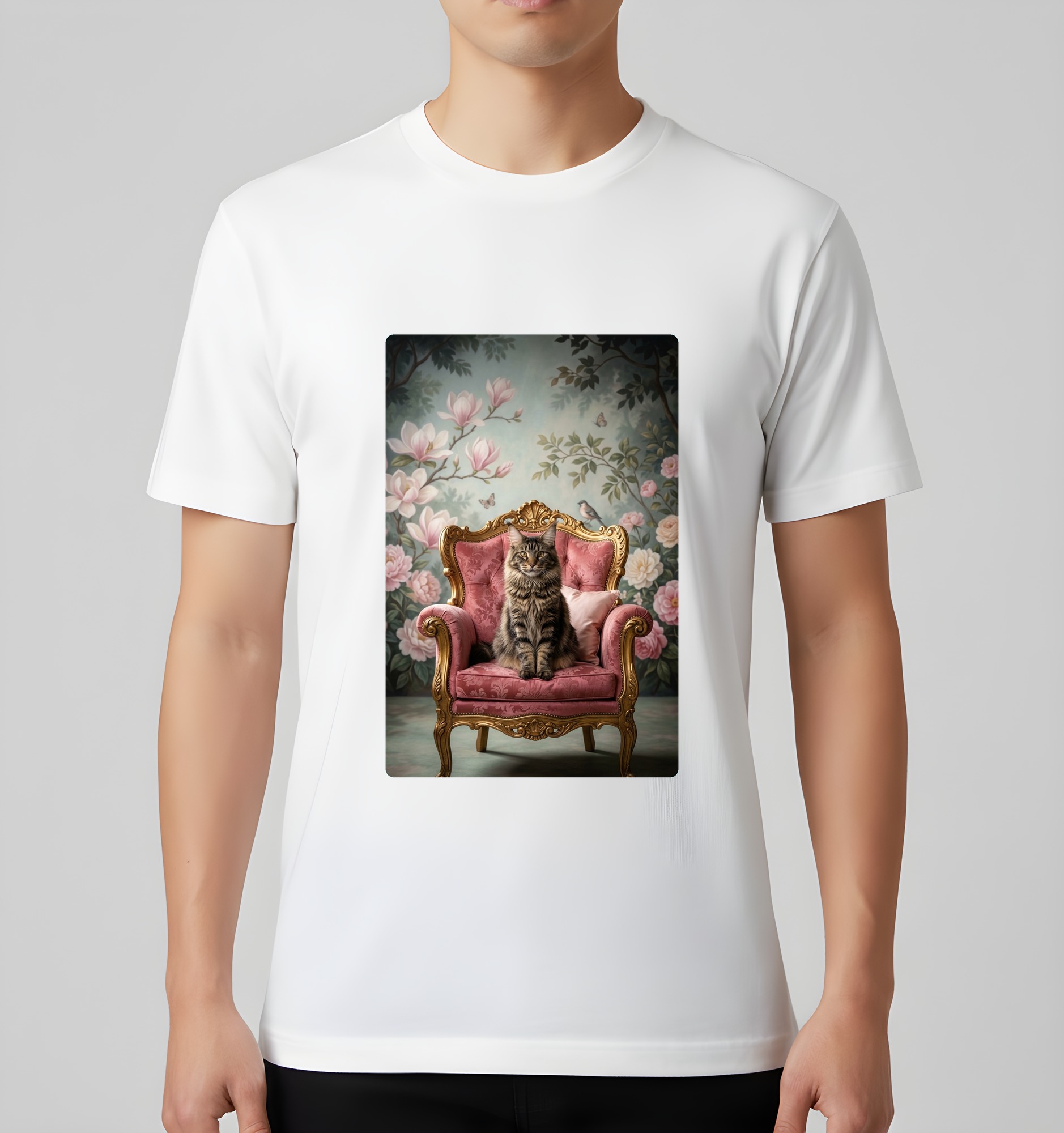 メインクーンのシャビーピンクの油絵風アートロココ調Tシャツ（ホワイト）（3枚目）