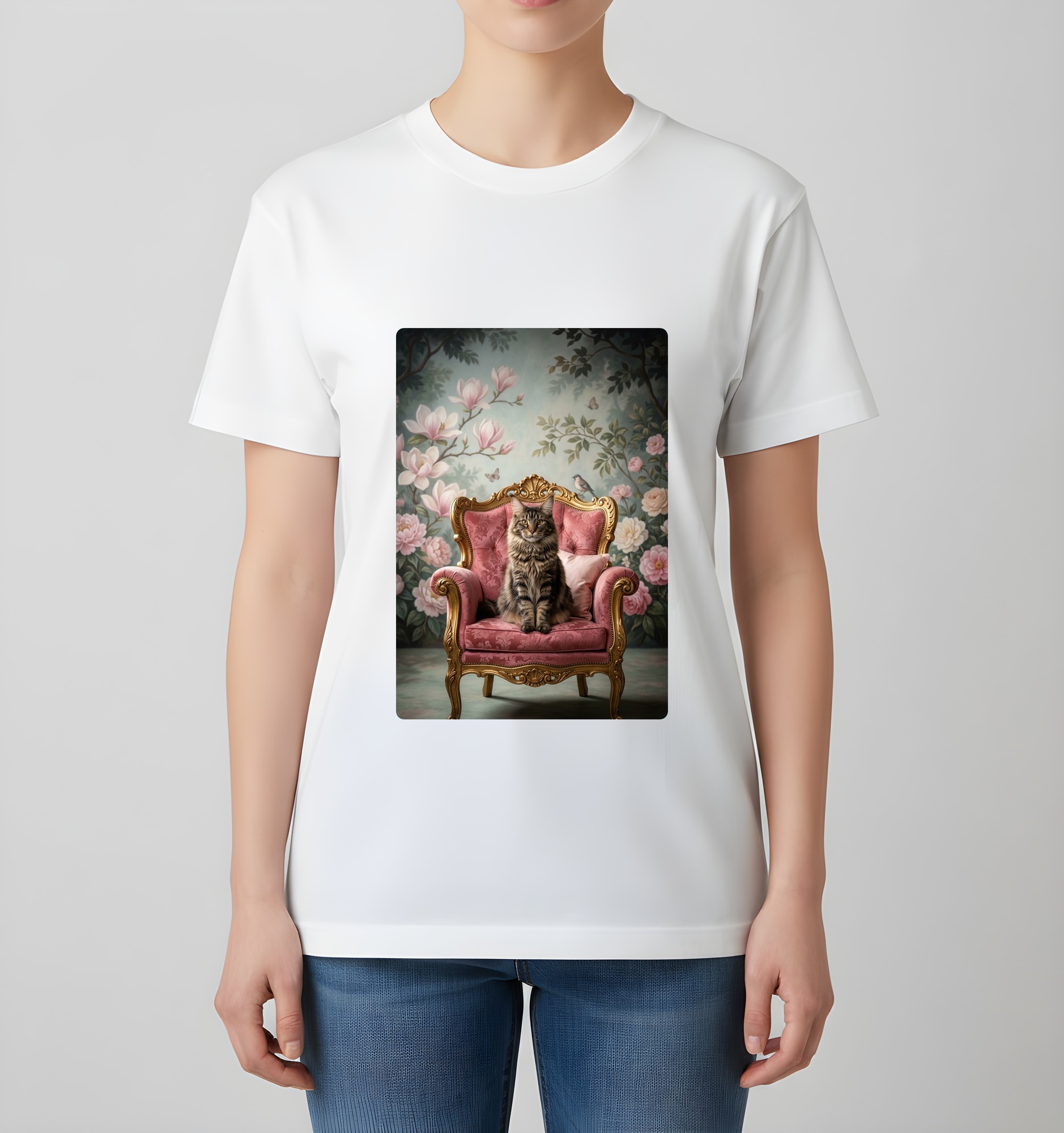 メインクーンのシャビーピンクの油絵風アートロココ調Tシャツ（ホワイト）（4枚目）