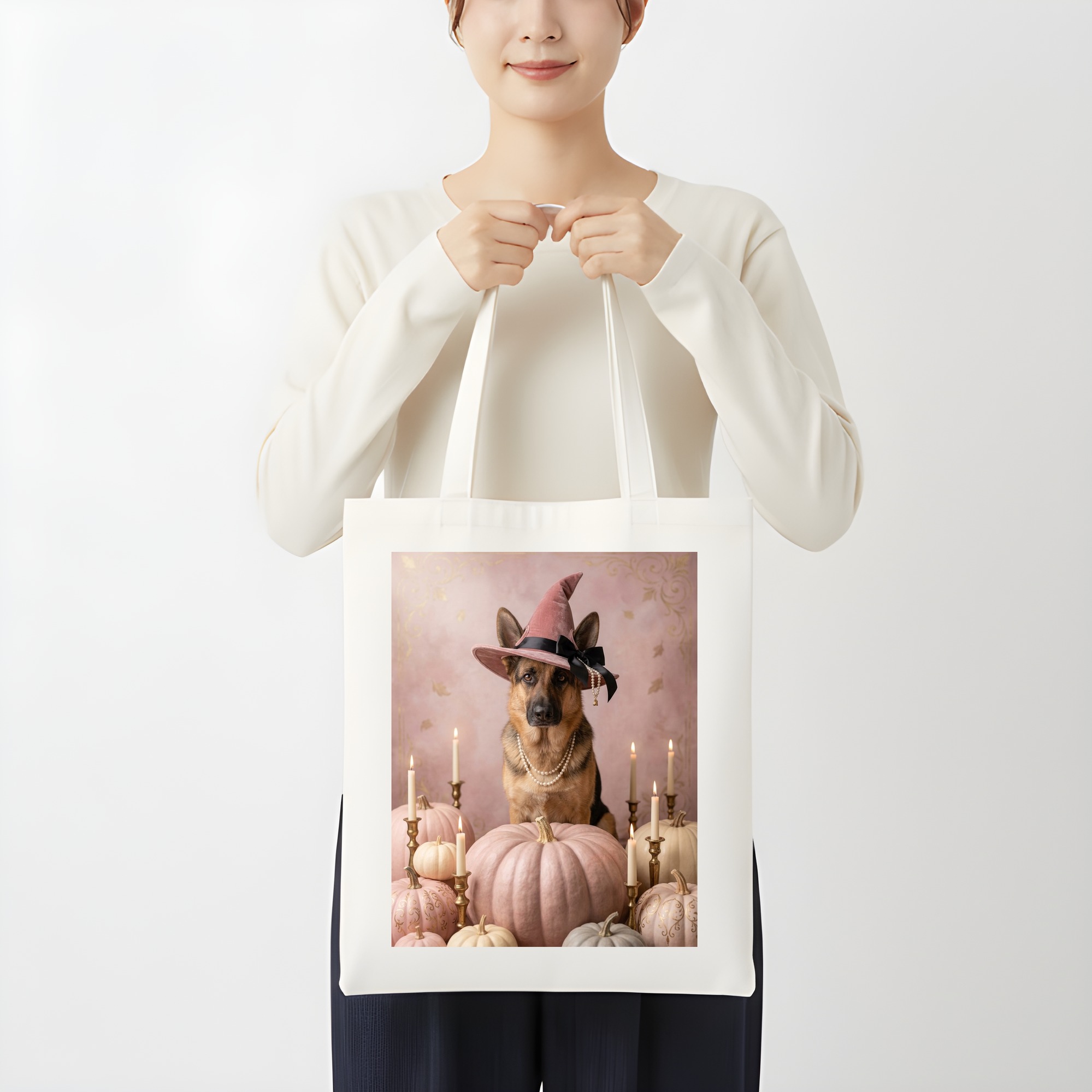 ジャーマンシェパードのかぼちゃとキャンドルの油絵風アートハロウィントートバッグ(3枚目)
