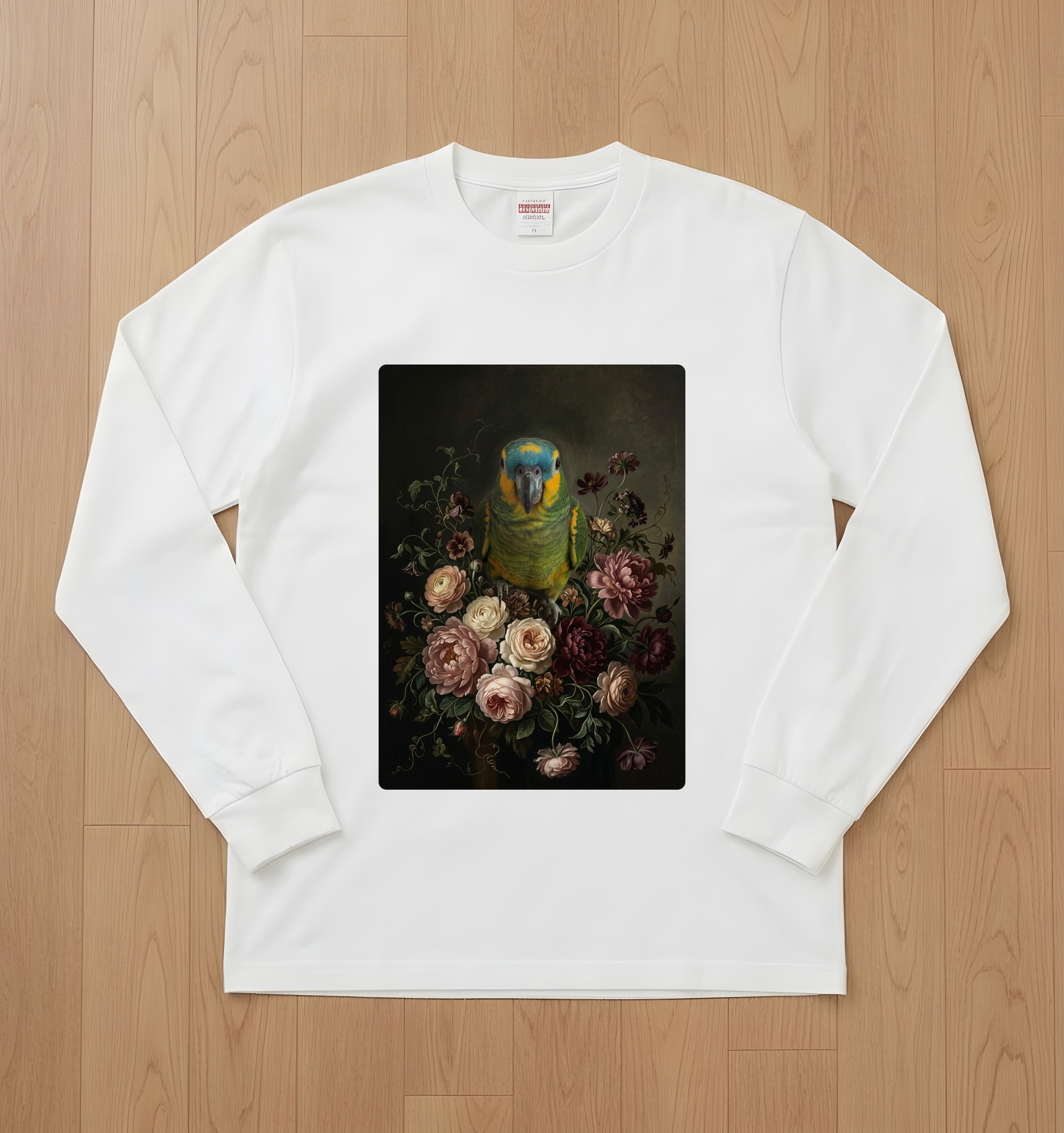 アオボウシインコの花の油絵風アート花柄長袖Tシャツ(ホワイト)