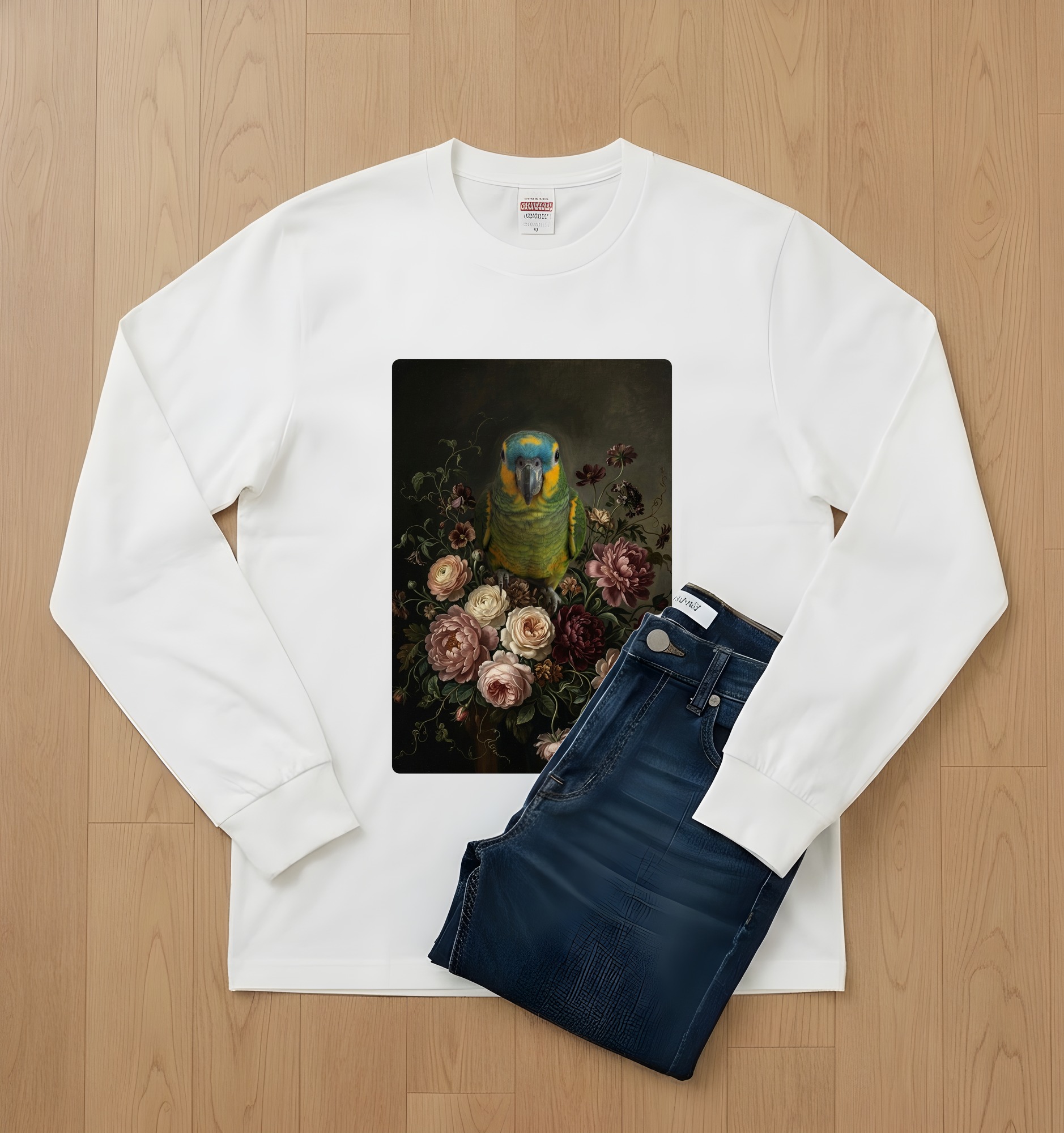 アオボウシインコの花の油絵風アート花柄長袖Tシャツ(ホワイト)(2枚目)
