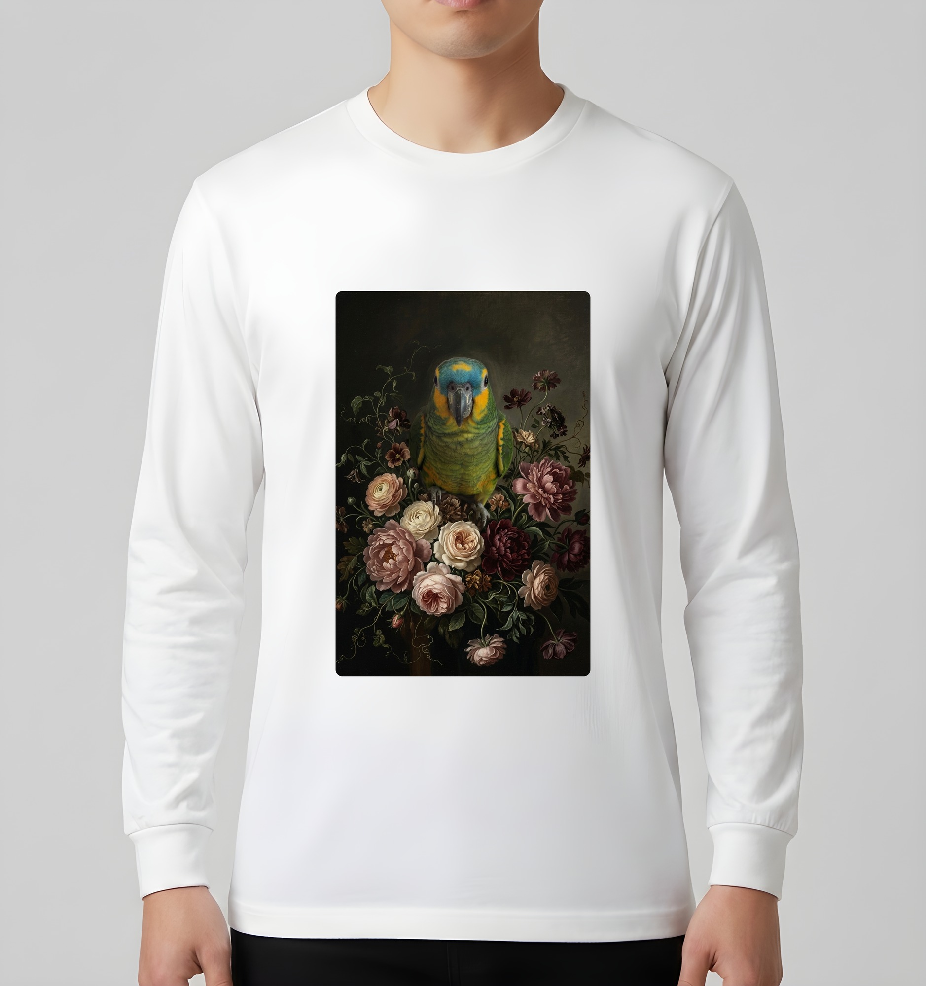 アオボウシインコの花の油絵風アート花柄長袖Tシャツ(ホワイト)(3枚目)
