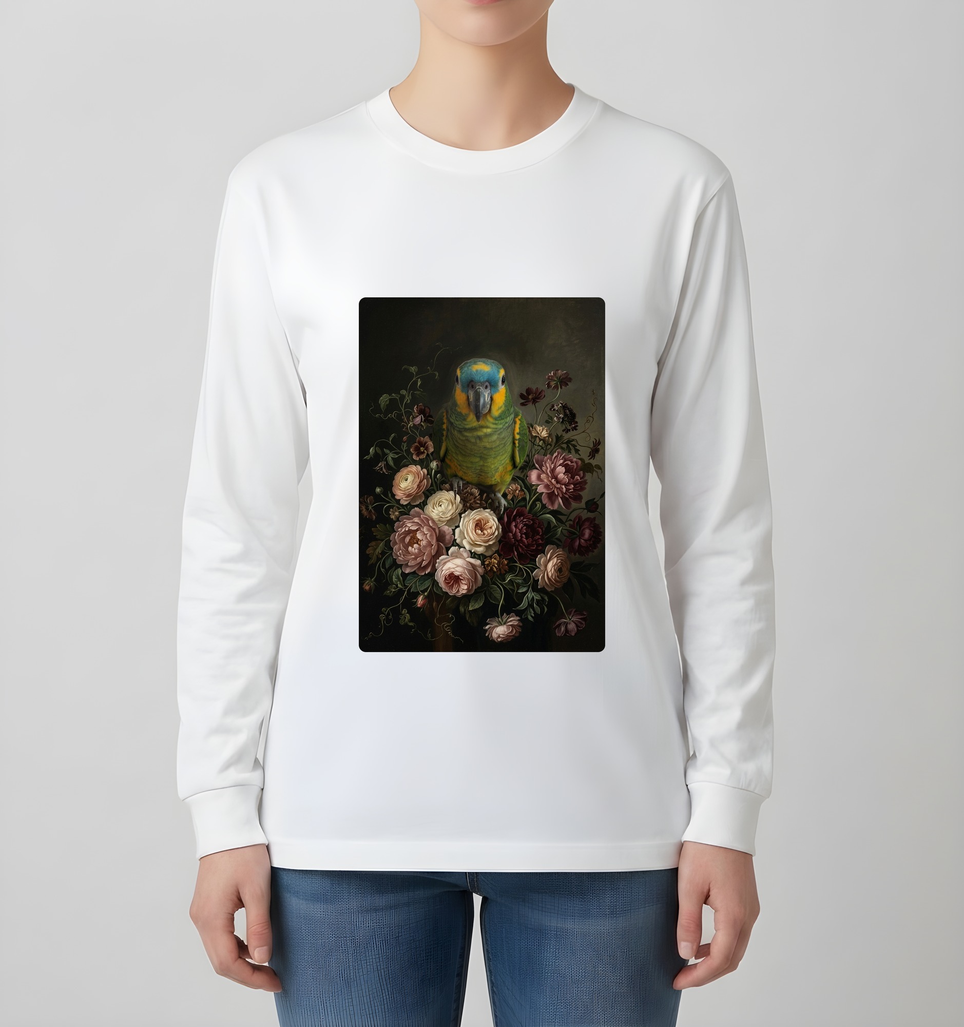 アオボウシインコの花の油絵風アート花柄長袖Tシャツ(ホワイト)(4枚目)