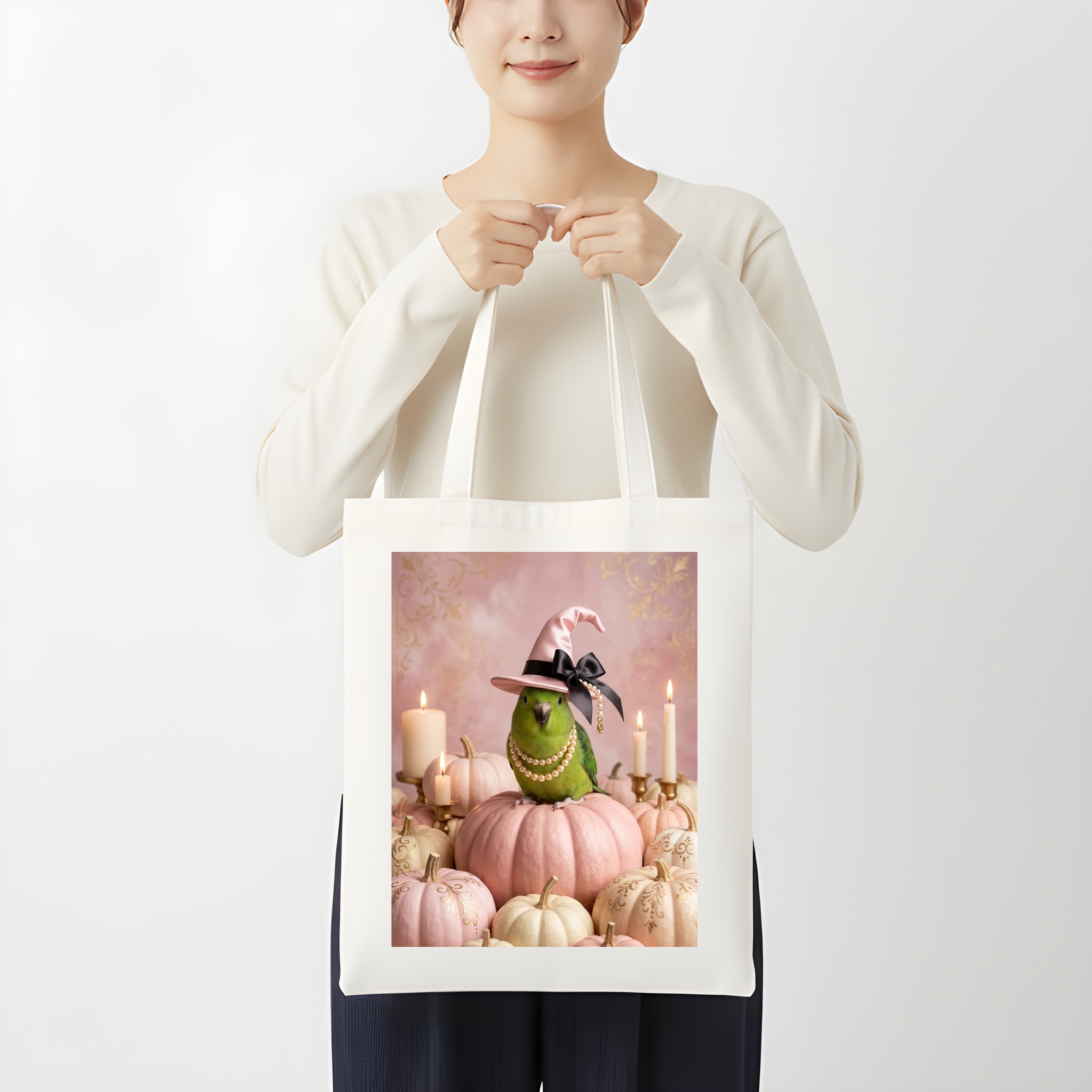 マメルリハのかぼちゃとキャンドルの油絵風アートハロウィントートバッグ(3枚目)