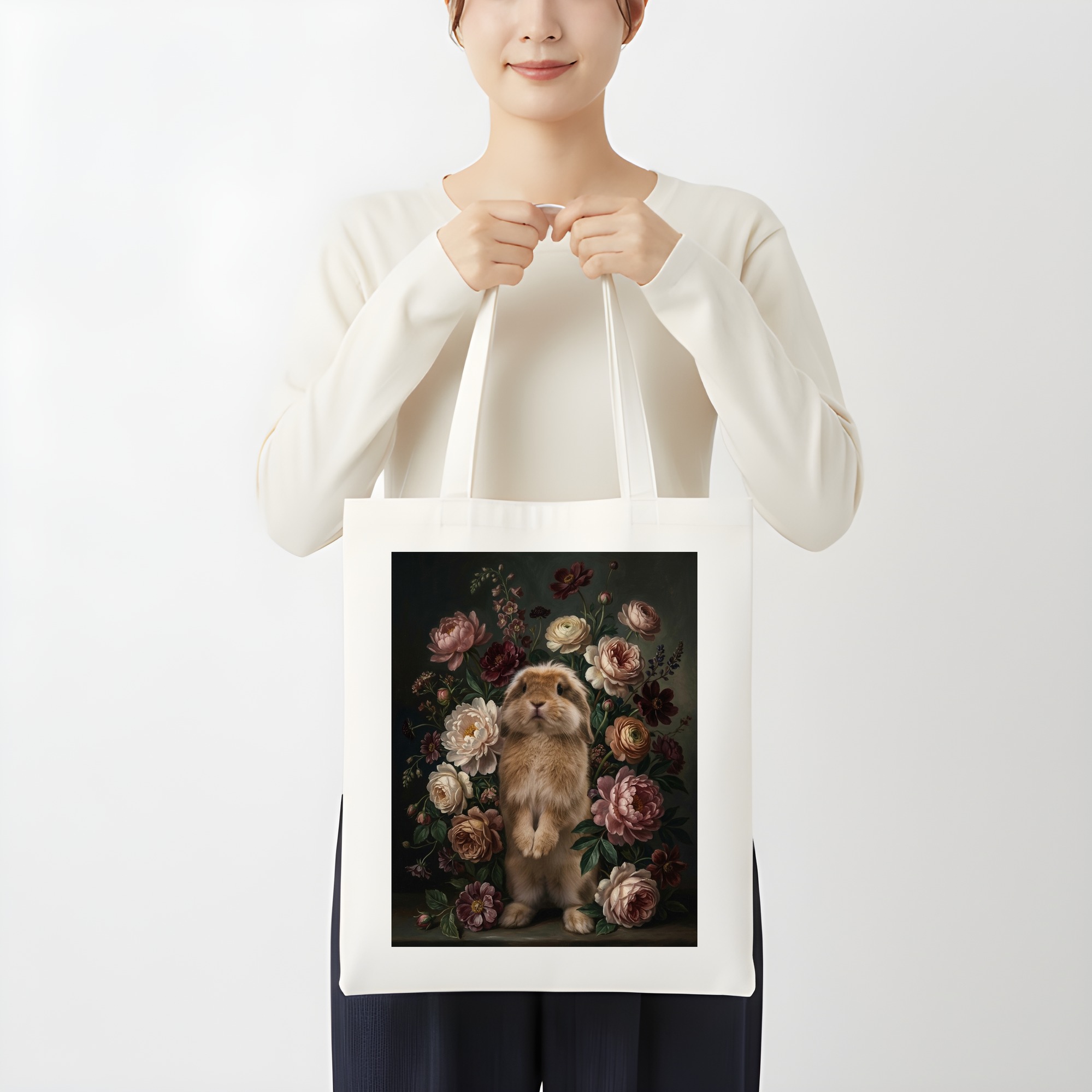 ライオンヘッドの花の油絵風アート花柄トートバッグ（3枚目）