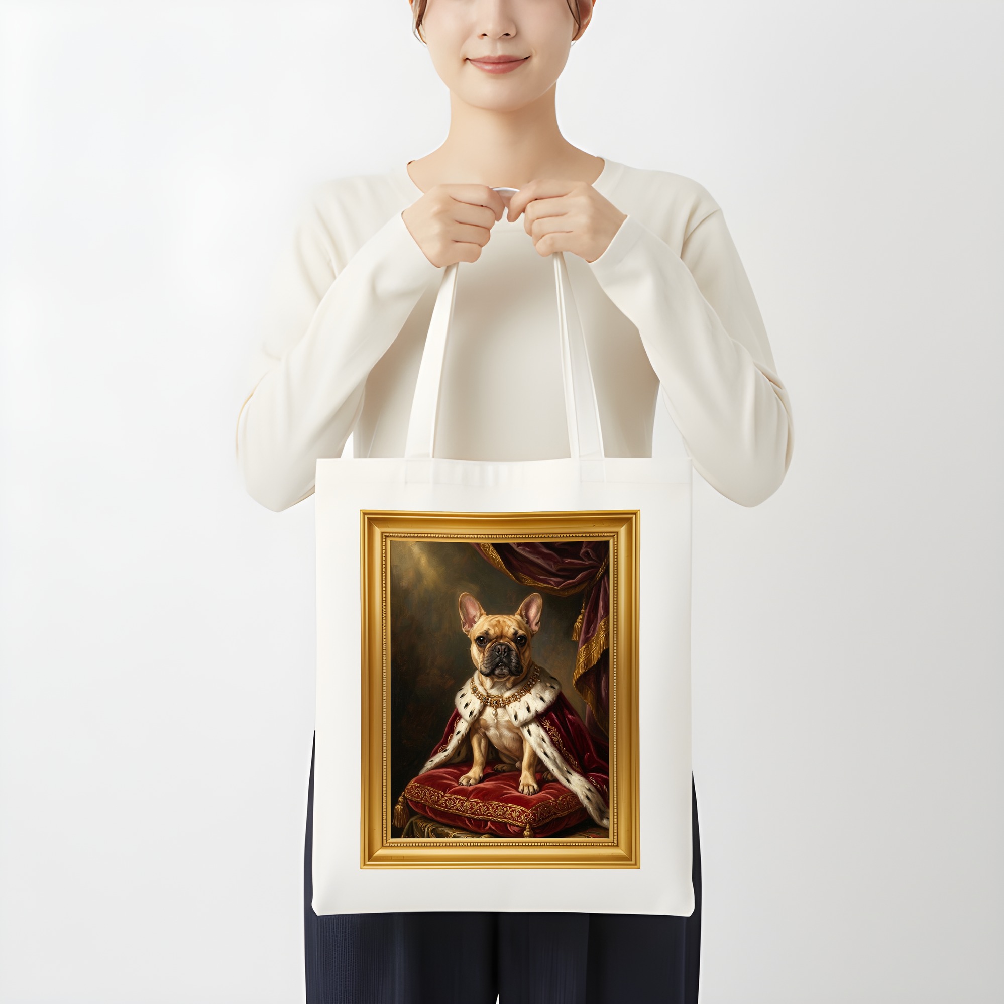 フレンチブルドッグのルネサンス肖像画トートバッグ(カラープリント・額縁デザインあり)(3枚目)