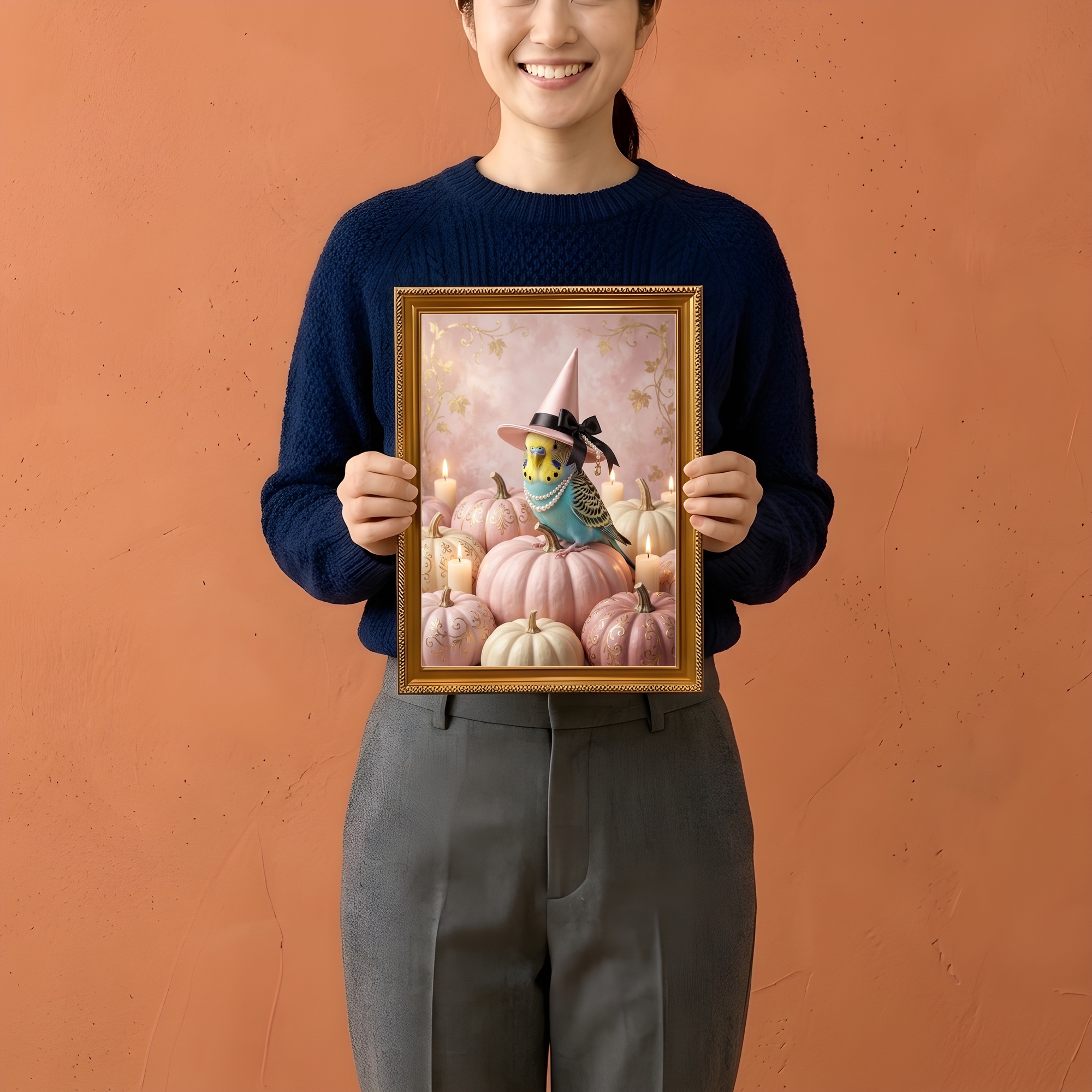 セキセイインコのかぼちゃとキャンドルの油絵風アートハロウィン額装プリント（A4金縁）（2枚目）