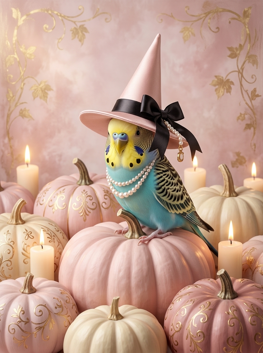 セキセイインコのかぼちゃとキャンドルの油絵風アートハロウィン額装プリント（A4金縁）（4枚目）