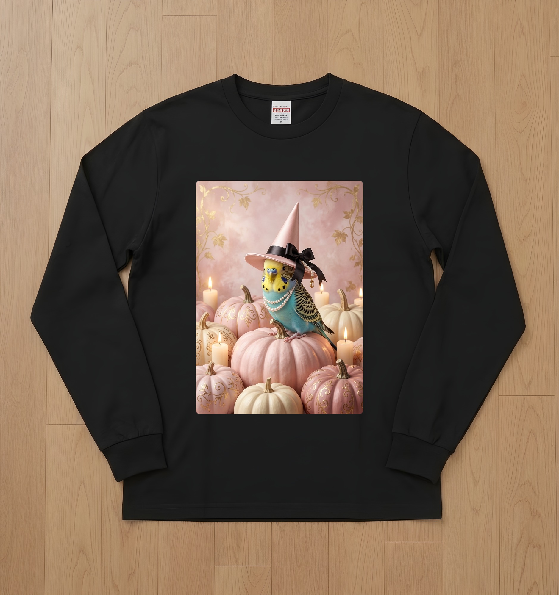 セキセイインコのかぼちゃとキャンドルの油絵風アートハロウィン長袖Tシャツ(ブラック)