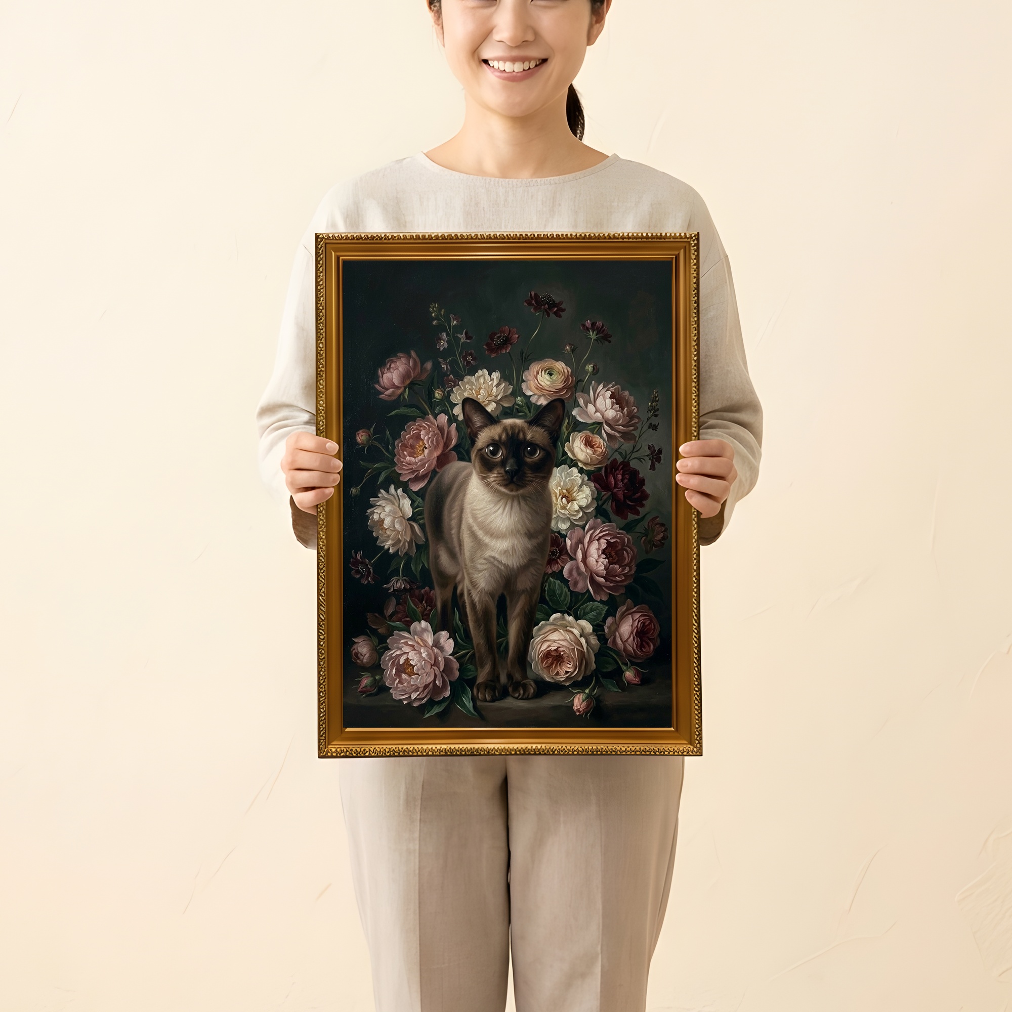 バーミーズの花の油絵風アート花柄額装プリント（A3サイズ）（2枚目）