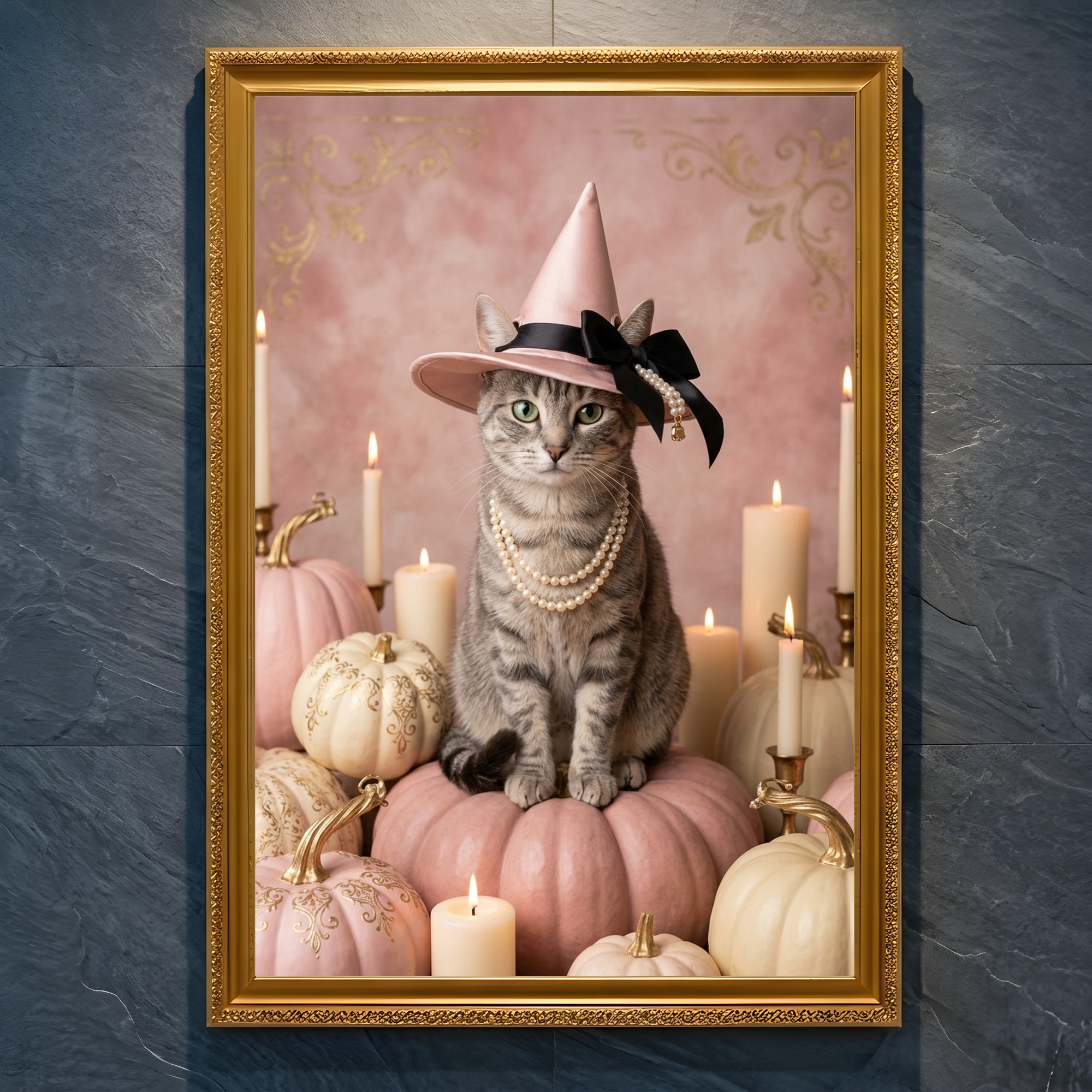 アメリカンショートヘアのかぼちゃとキャンドルの油絵風アートハロウィン額装プリント(A4金縁)