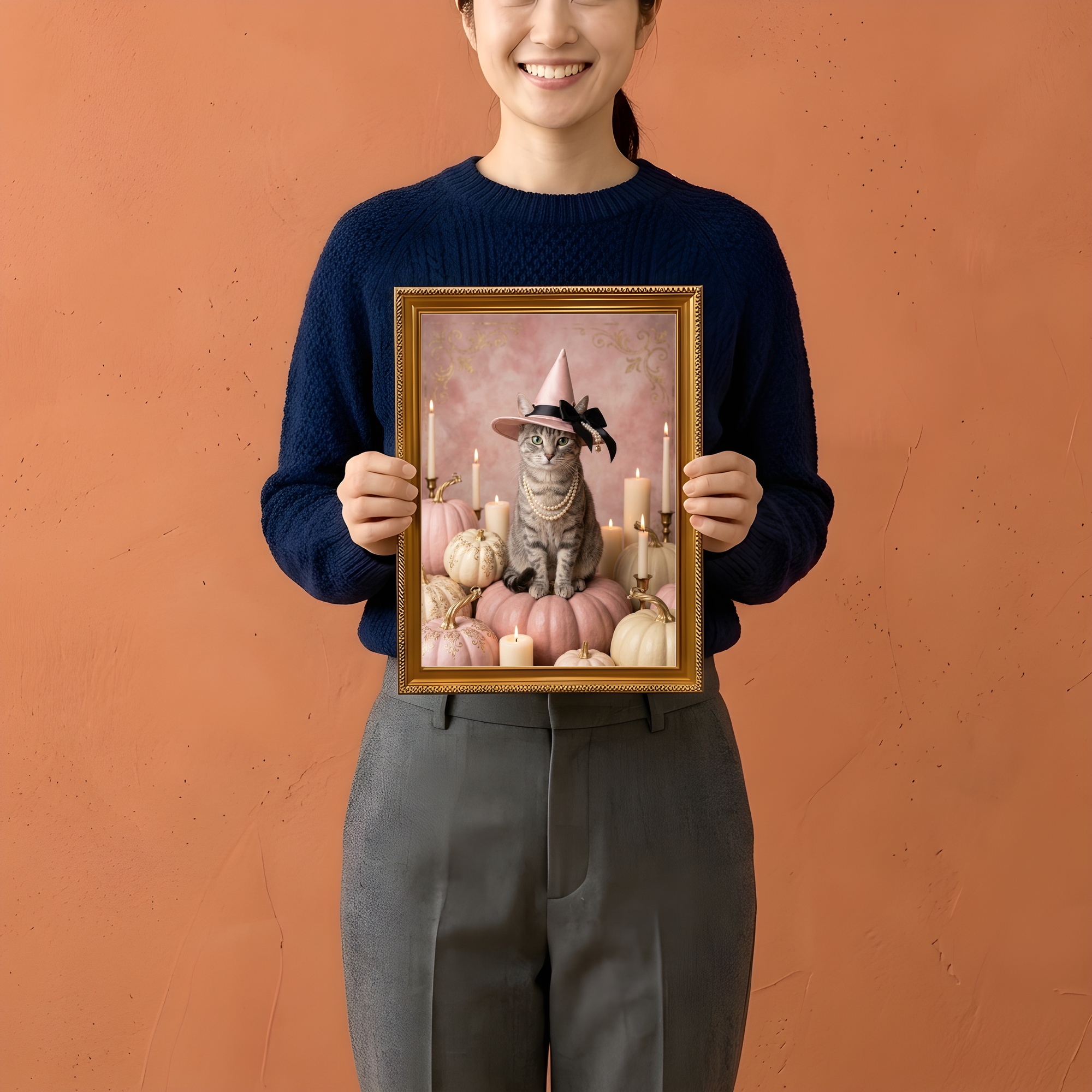 アメリカンショートヘアのかぼちゃとキャンドルの油絵風アートハロウィン額装プリント(A4金縁)(2枚目)