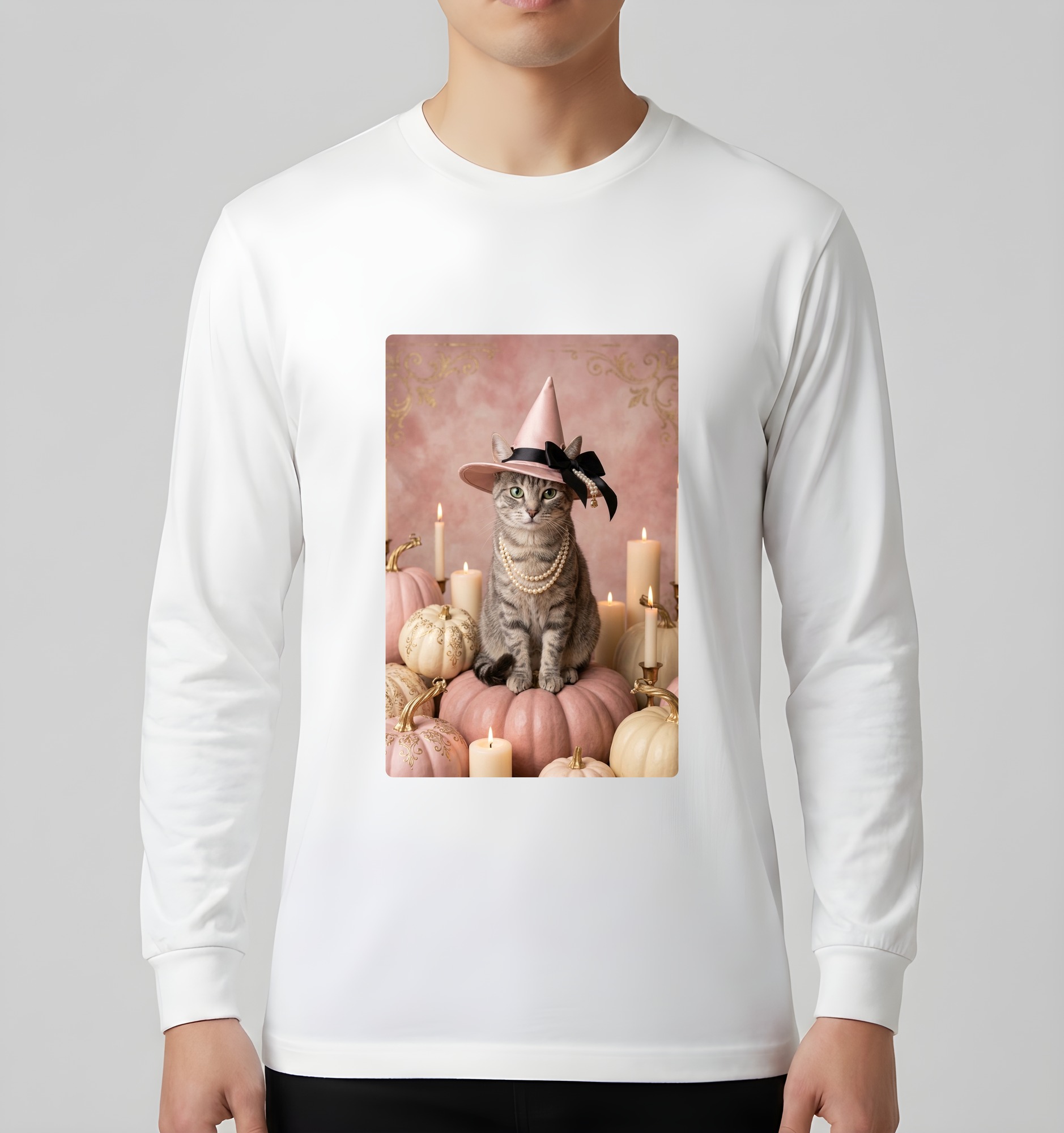アメリカンショートヘアのかぼちゃとキャンドルの油絵風アートハロウィン長袖Tシャツ（ホワイト）（3枚目）