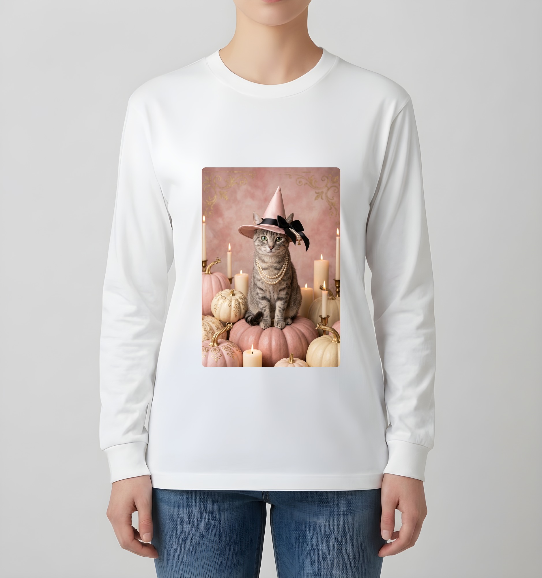 アメリカンショートヘアのかぼちゃとキャンドルの油絵風アートハロウィン長袖Tシャツ（ホワイト）（4枚目）