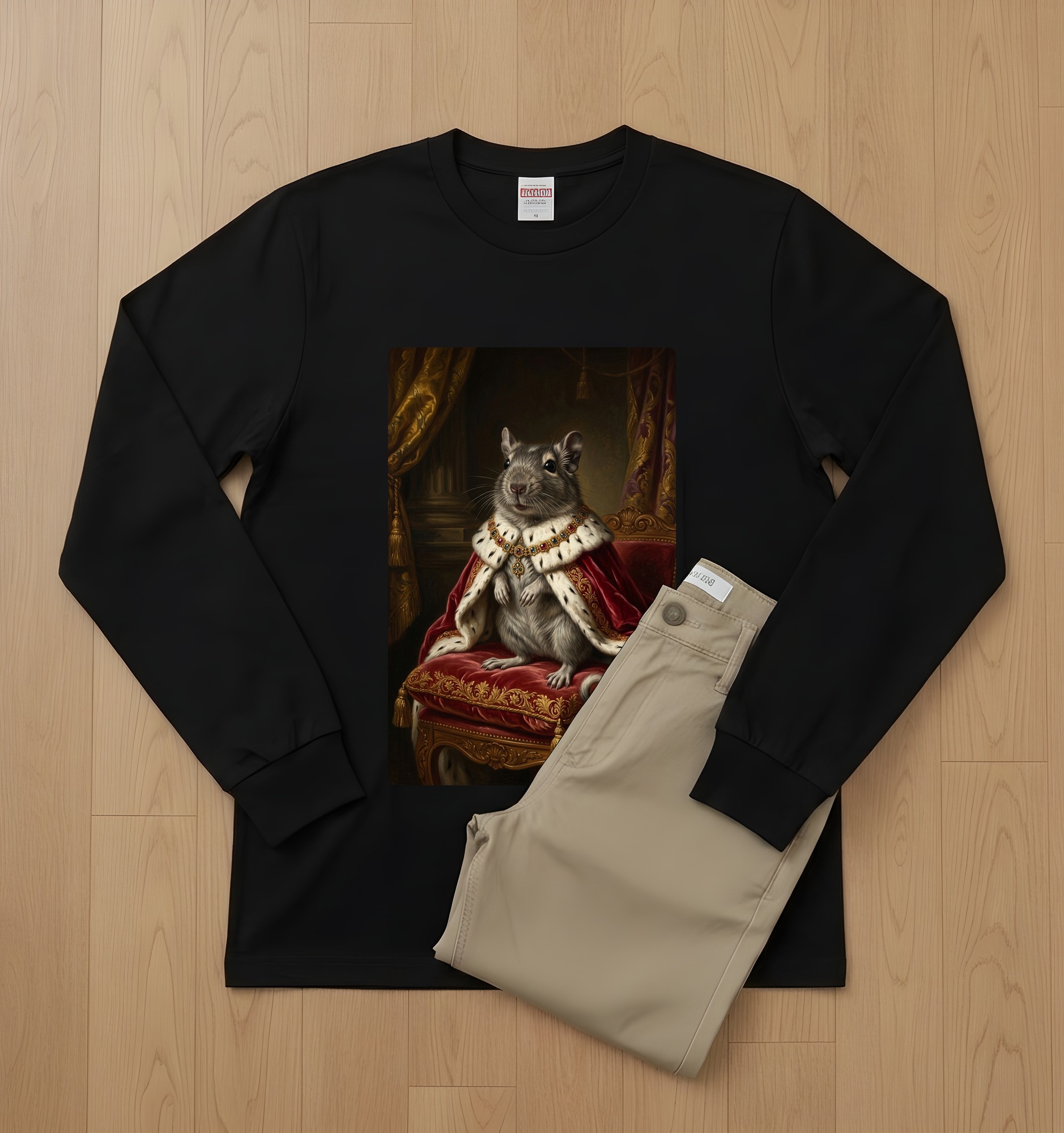 デグーのルネサンス肖像画長袖Tシャツ(ブラック)(2枚目)