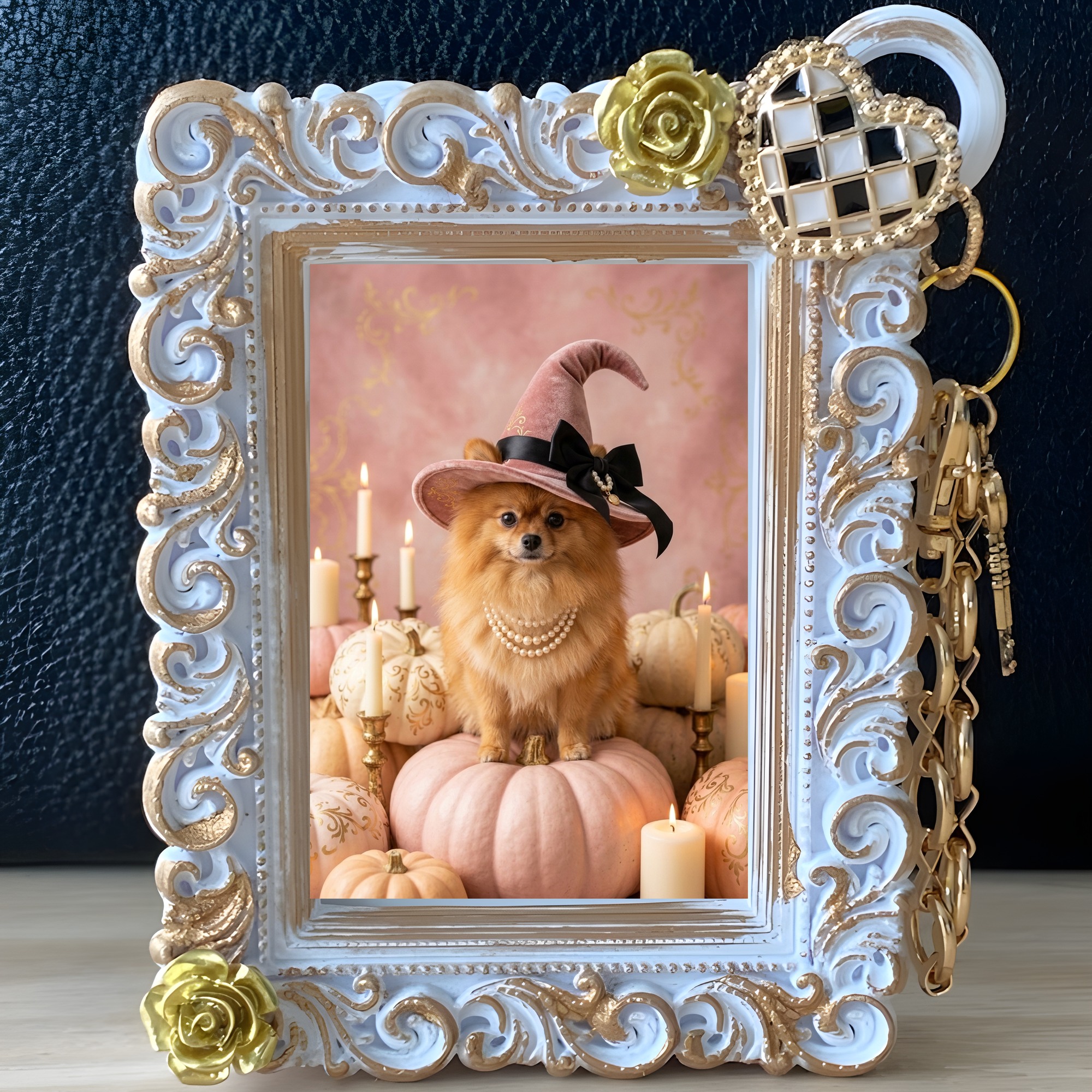 ポメラニアンのかぼちゃとキャンドルの油絵風アートハロウィンバッグチャーム（ホワイト）（2枚目）