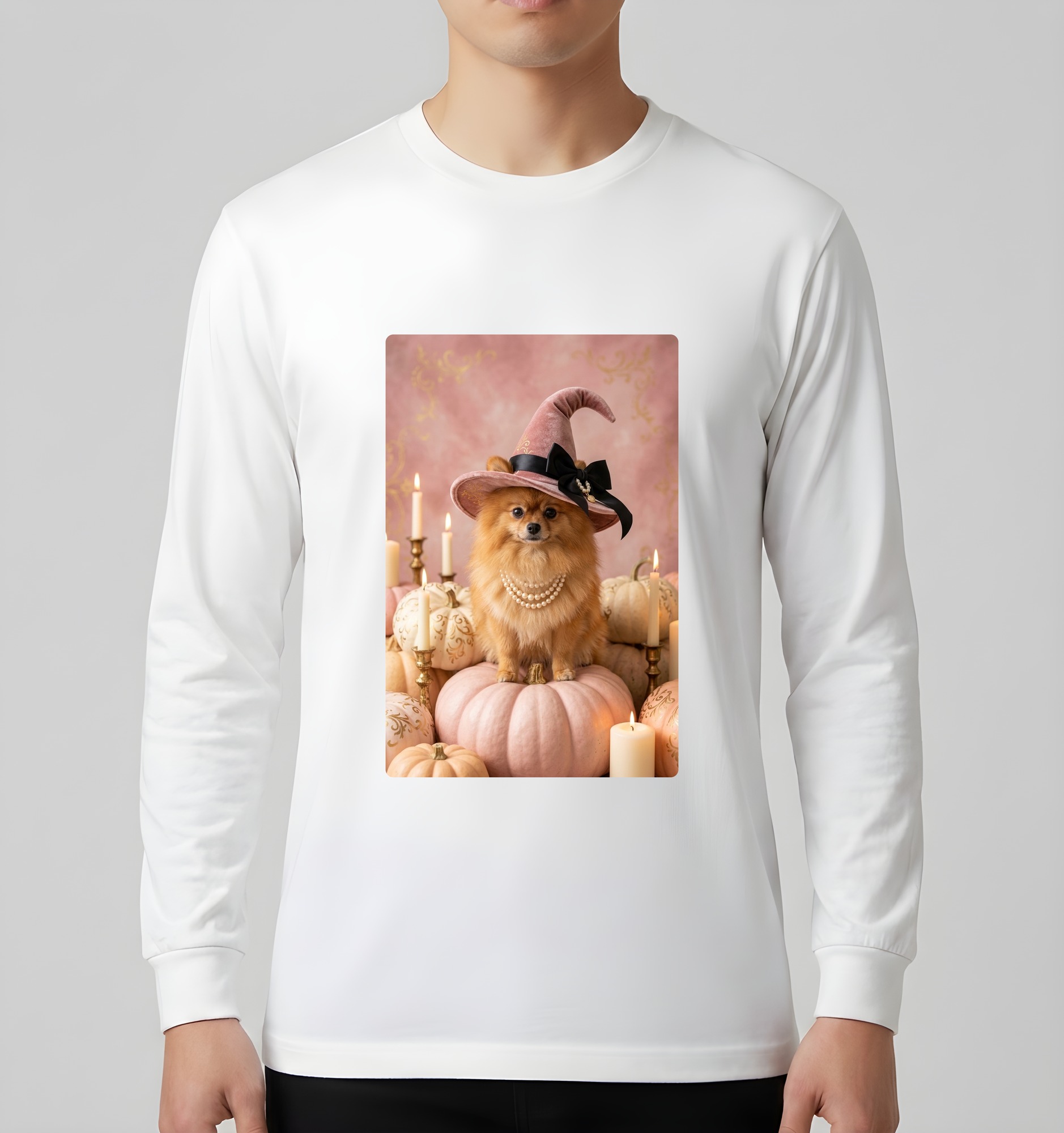ポメラニアンのかぼちゃとキャンドルの油絵風アートハロウィン長袖Tシャツ(ホワイト)(3枚目)