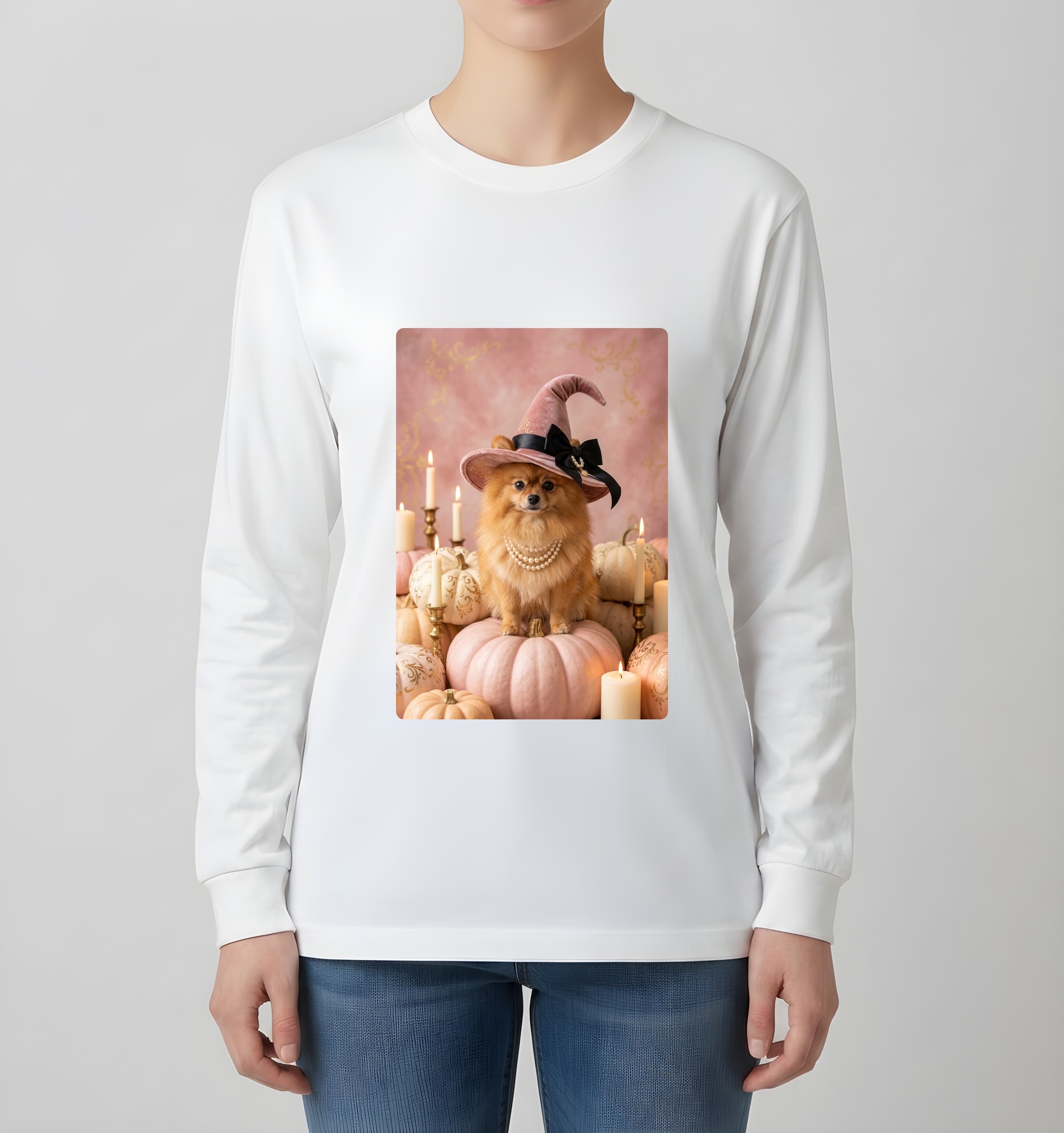 ポメラニアンのかぼちゃとキャンドルの油絵風アートハロウィン長袖Tシャツ(ホワイト)(4枚目)