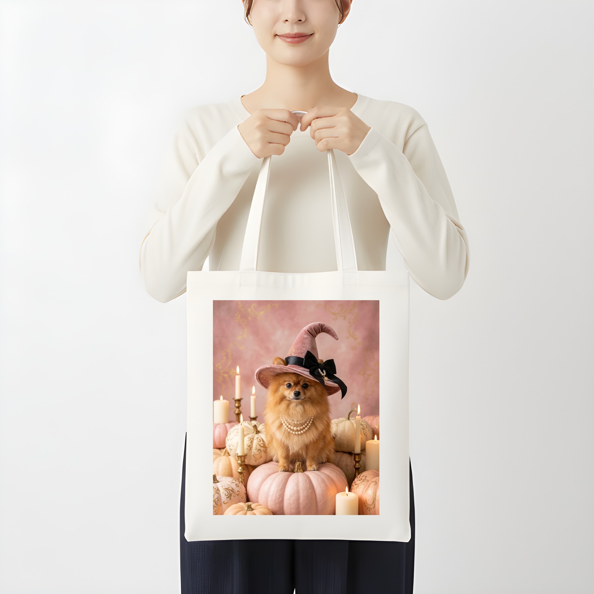 ポメラニアンのかぼちゃとキャンドルの油絵風アートハロウィントートバッグ(3枚目)