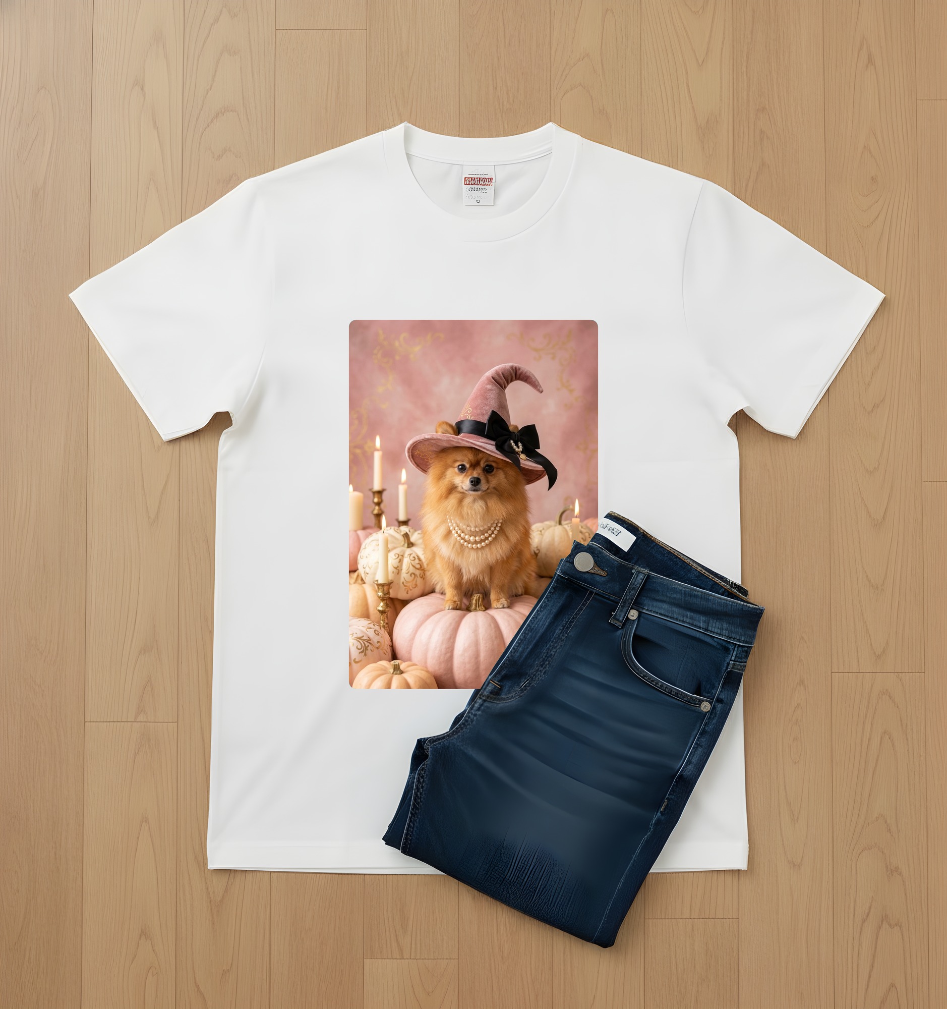ポメラニアンのかぼちゃとキャンドルの油絵風アートハロウィンTシャツ(ホワイト)(2枚目)