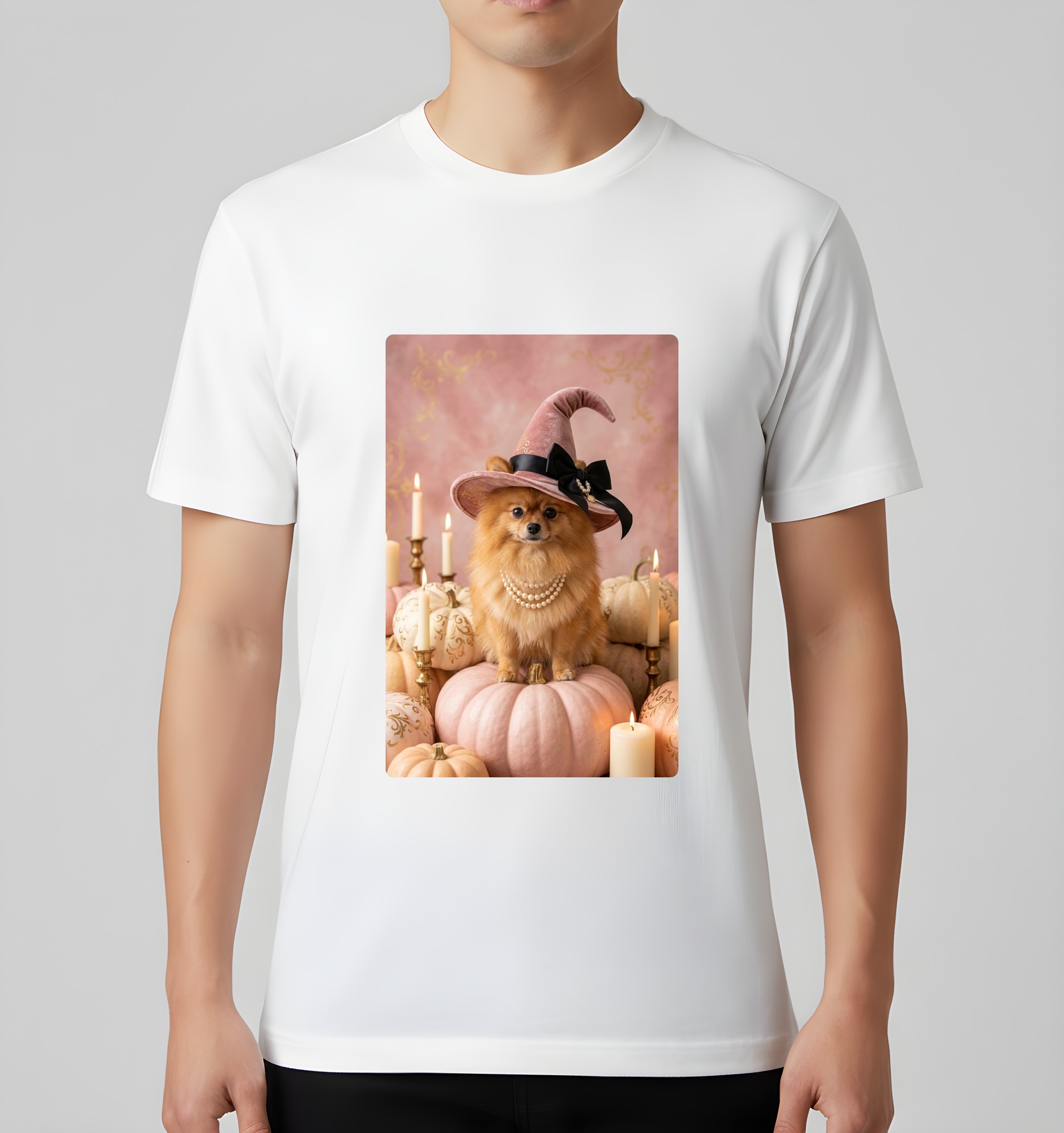 ポメラニアンのかぼちゃとキャンドルの油絵風アートハロウィンTシャツ(ホワイト)(3枚目)