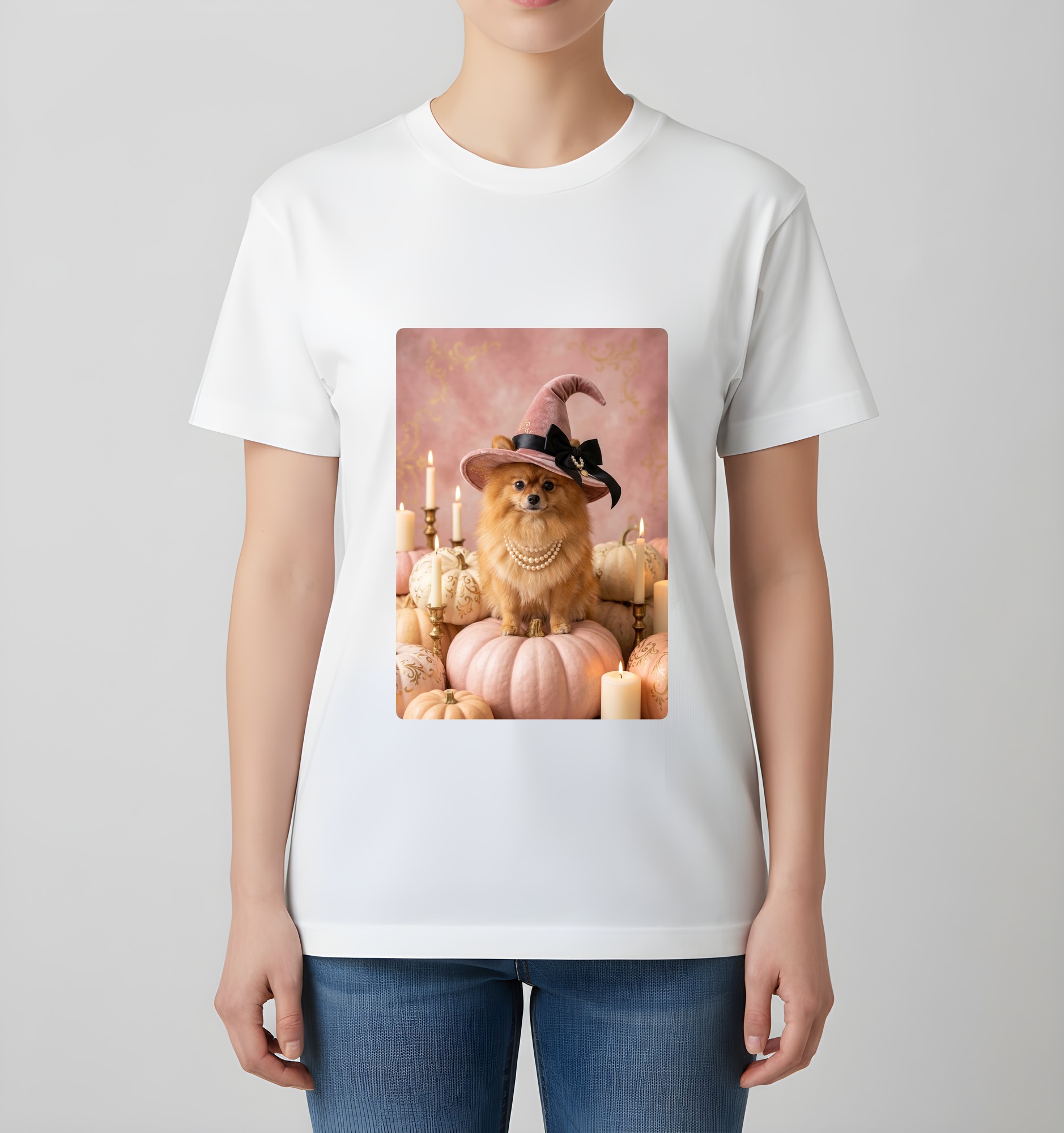 ポメラニアンのかぼちゃとキャンドルの油絵風アートハロウィンTシャツ(ホワイト)(4枚目)