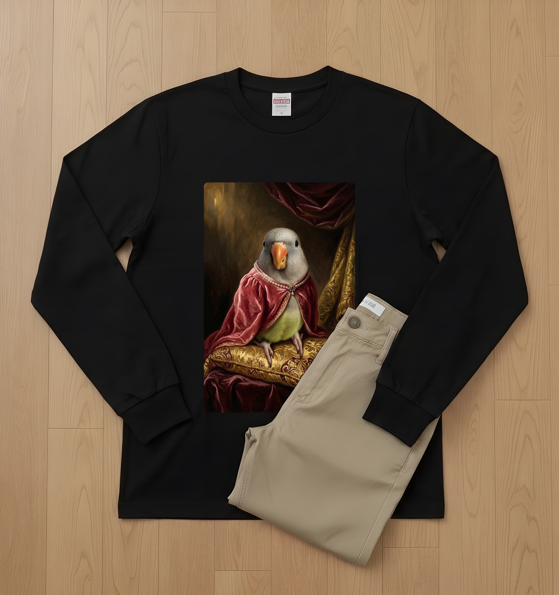 オキナインコのルネサンス肖像画長袖Tシャツ（ブラック）（2枚目）
