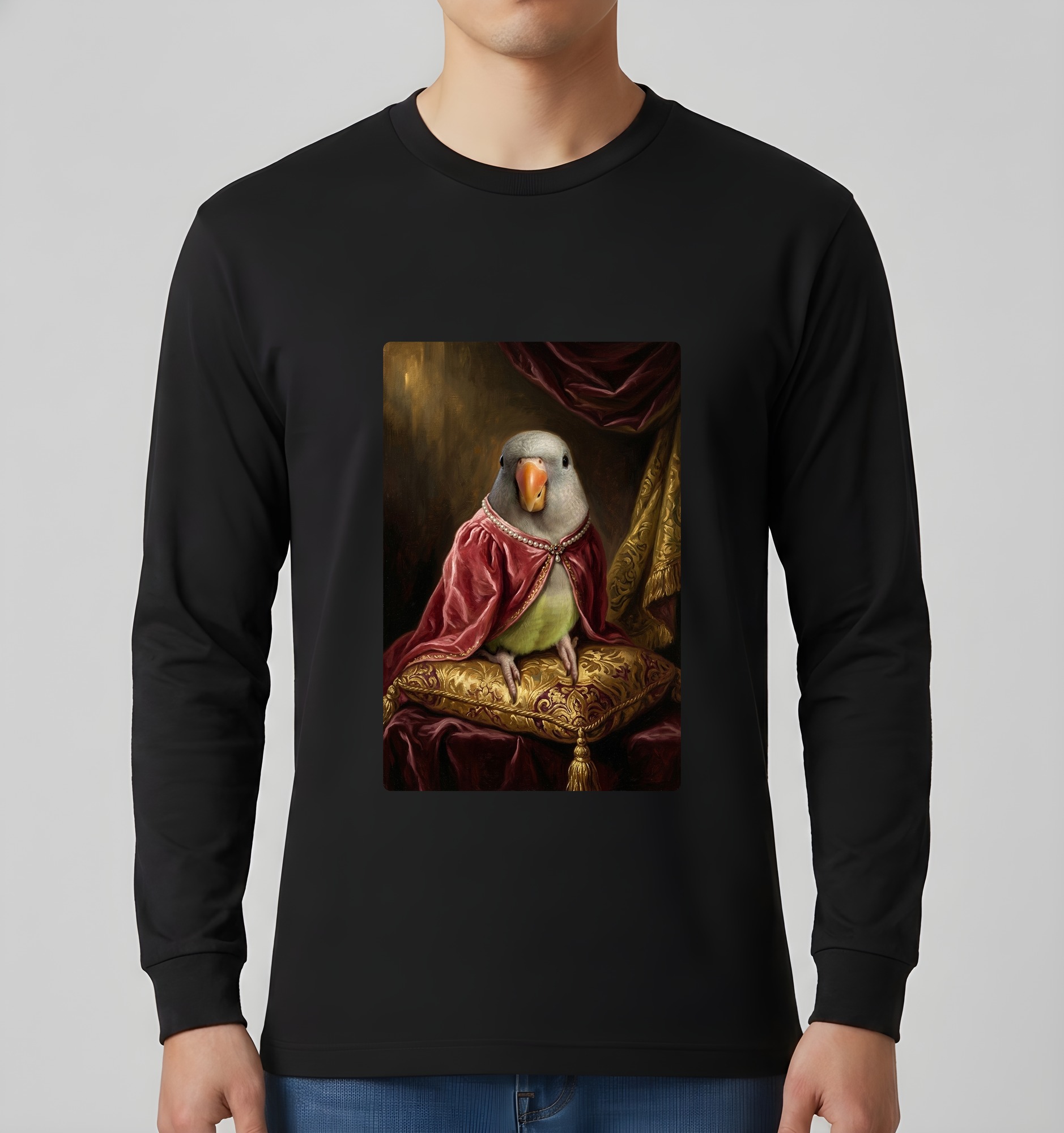 オキナインコのルネサンス肖像画長袖Tシャツ（ブラック）（3枚目）