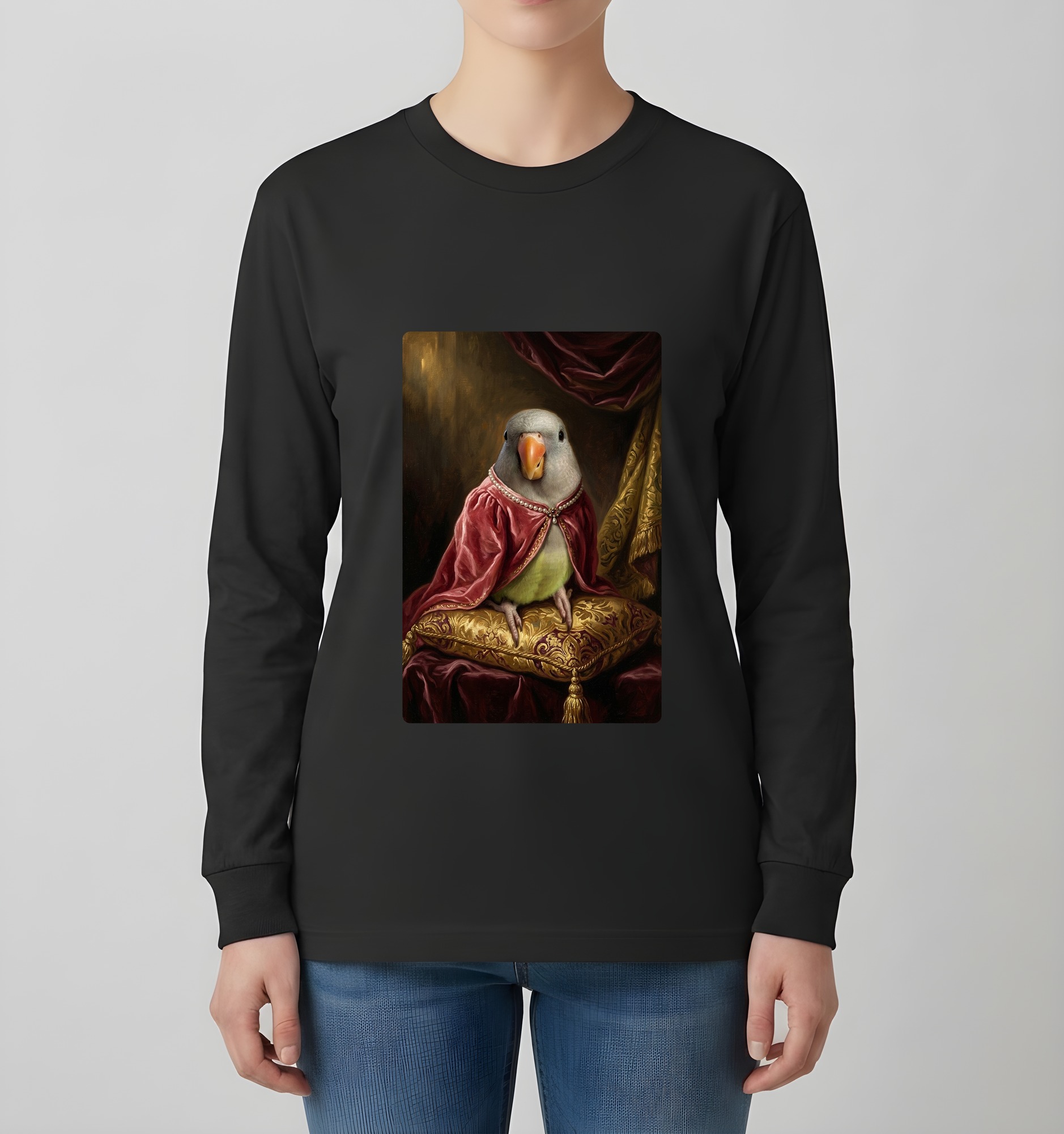 オキナインコのルネサンス肖像画長袖Tシャツ（ブラック）（4枚目）
