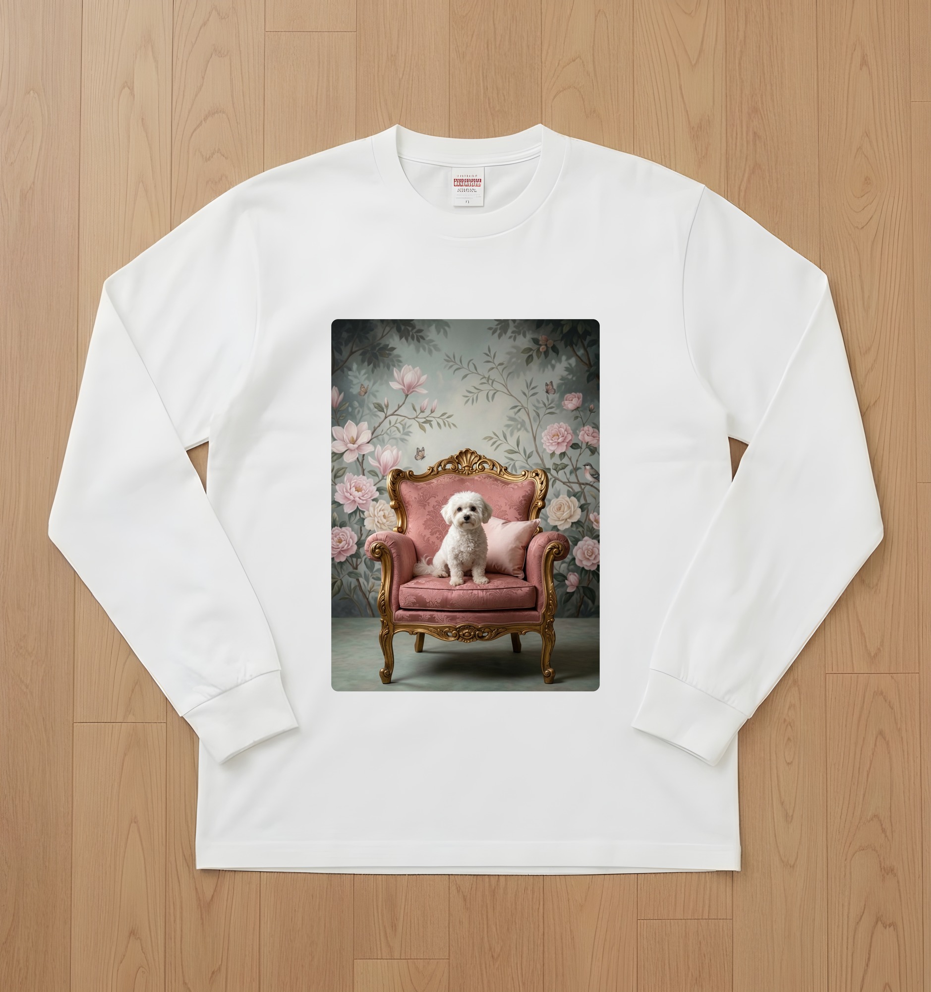 ビションフリーゼのシャビーピンクの油絵風アートロココ調長袖Tシャツ(ホワイト)