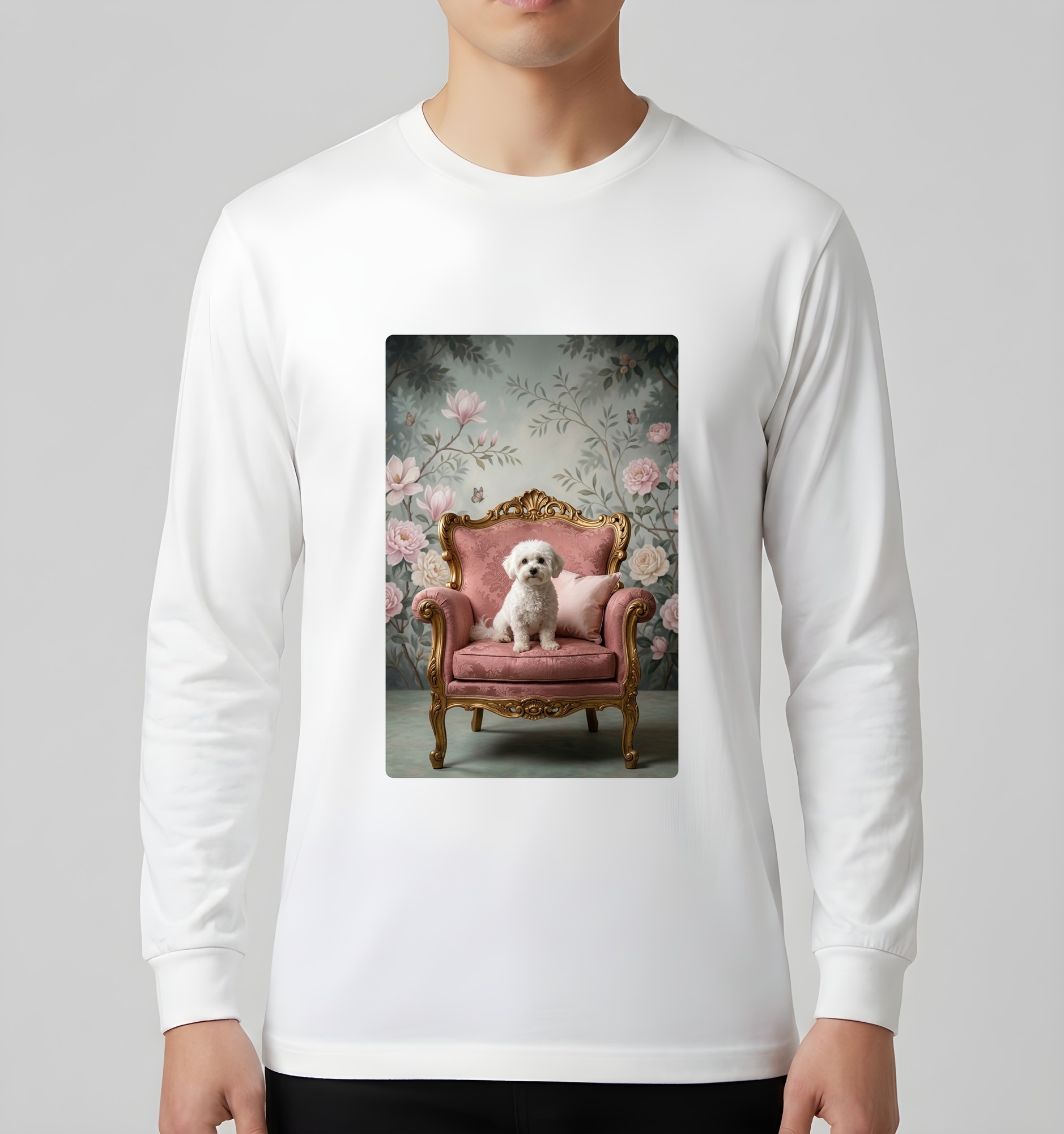 ビションフリーゼのシャビーピンクの油絵風アートロココ調長袖Tシャツ(ホワイト)(3枚目)