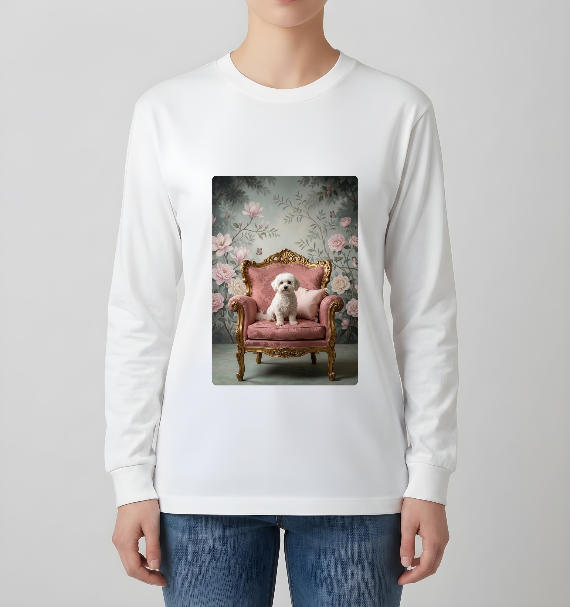 ビションフリーゼのシャビーピンクの油絵風アートロココ調長袖Tシャツ(ホワイト)(4枚目)