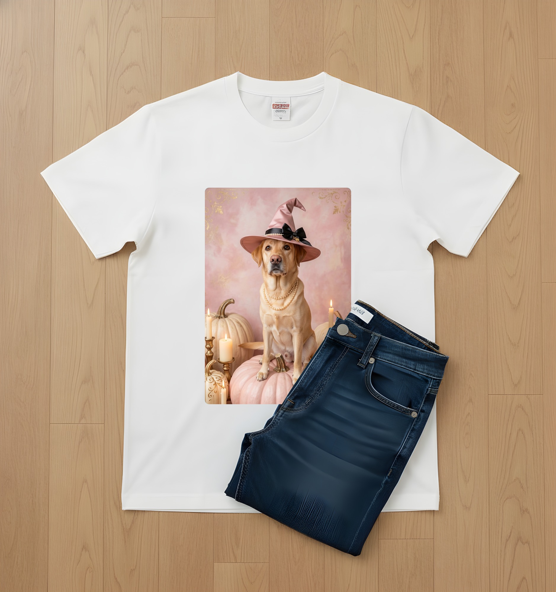 ラブラドールレトリバーのかぼちゃとキャンドルの油絵風アートハロウィンTシャツ（ホワイト）（2枚目）