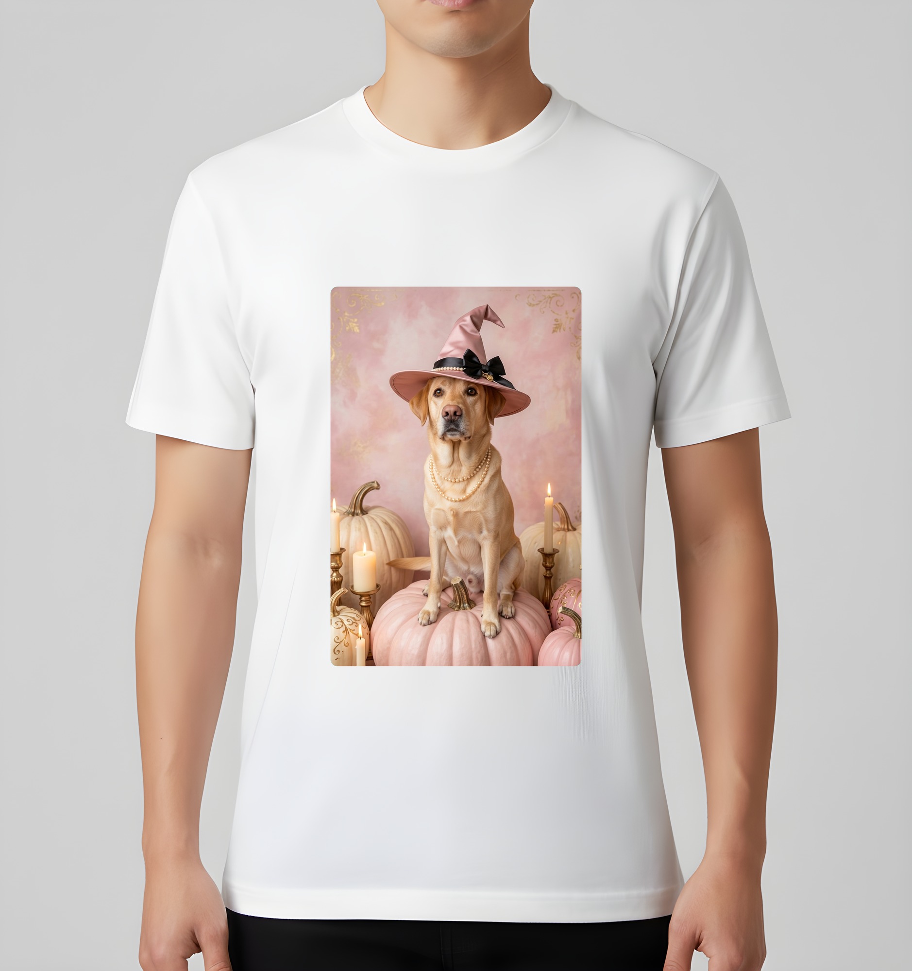 ラブラドールレトリバーのかぼちゃとキャンドルの油絵風アートハロウィンTシャツ（ホワイト）（3枚目）